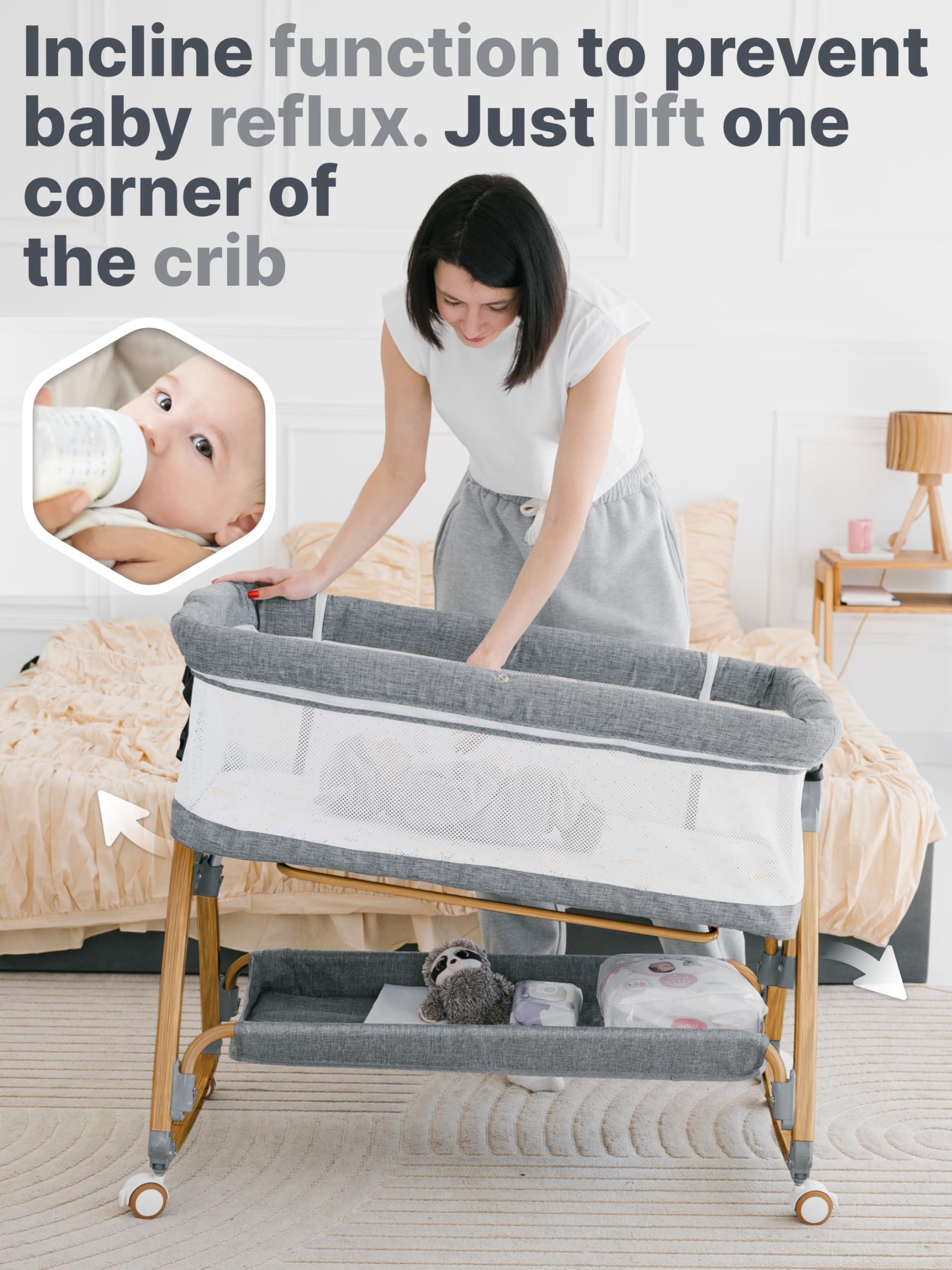 Earth&ME Baby Rocking Bassinet Bedside Sleeper - All Mesh Portable Bedside Crib for Safe Co-Sleeping, Storage Basket and Wheels, Adjustable Height, Includes Travel Bag, Mosquito Net (Wood Grain, Grey)