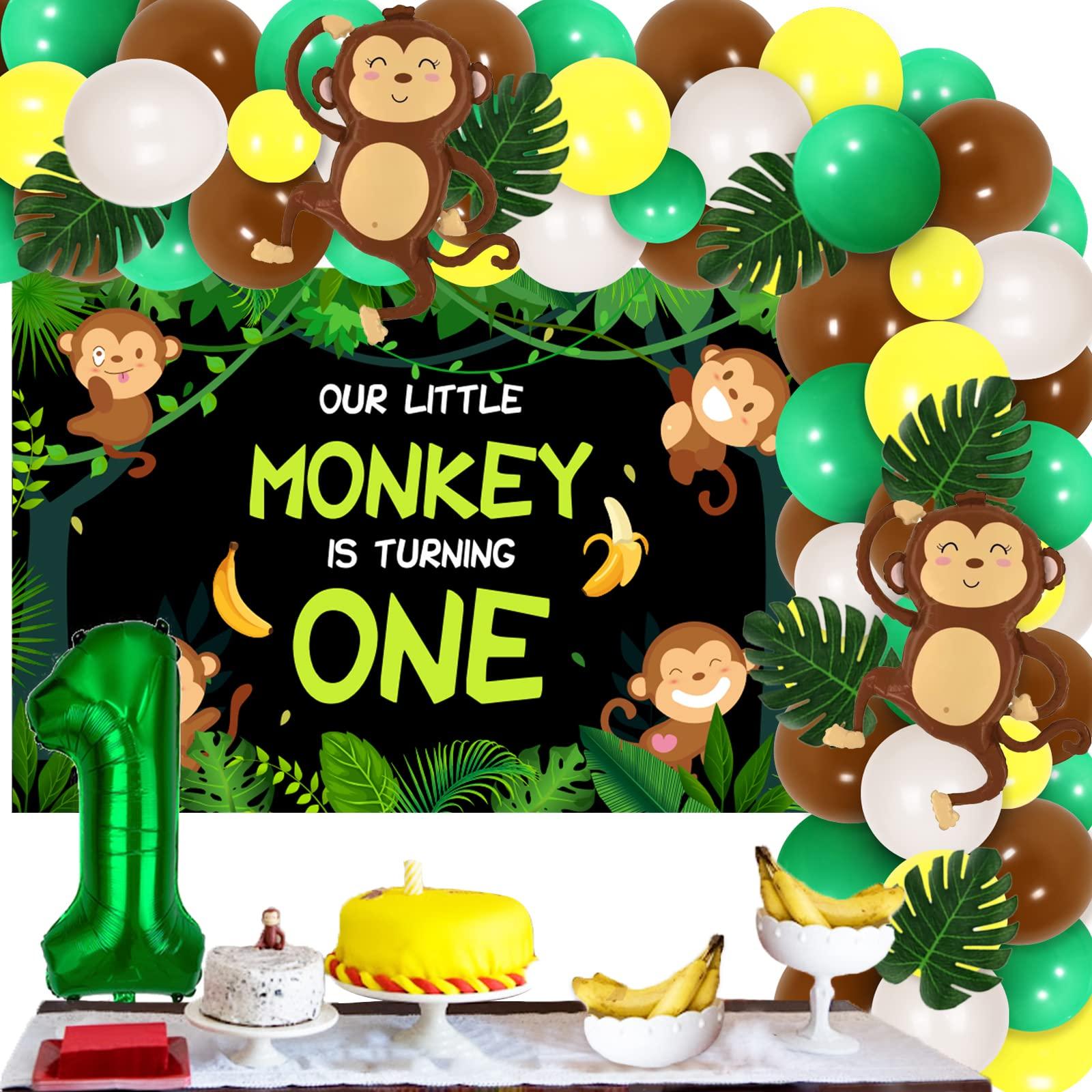 Funmemoir Monkey 1st Birthday Party Decorations - Our Little Monkey Is Turning One Backdrop, Jungle Safari Balloon Garland Arch Kit, Artificial Palm Leaves, Foil Balloons, Jungle Monkey Birthday Decorations