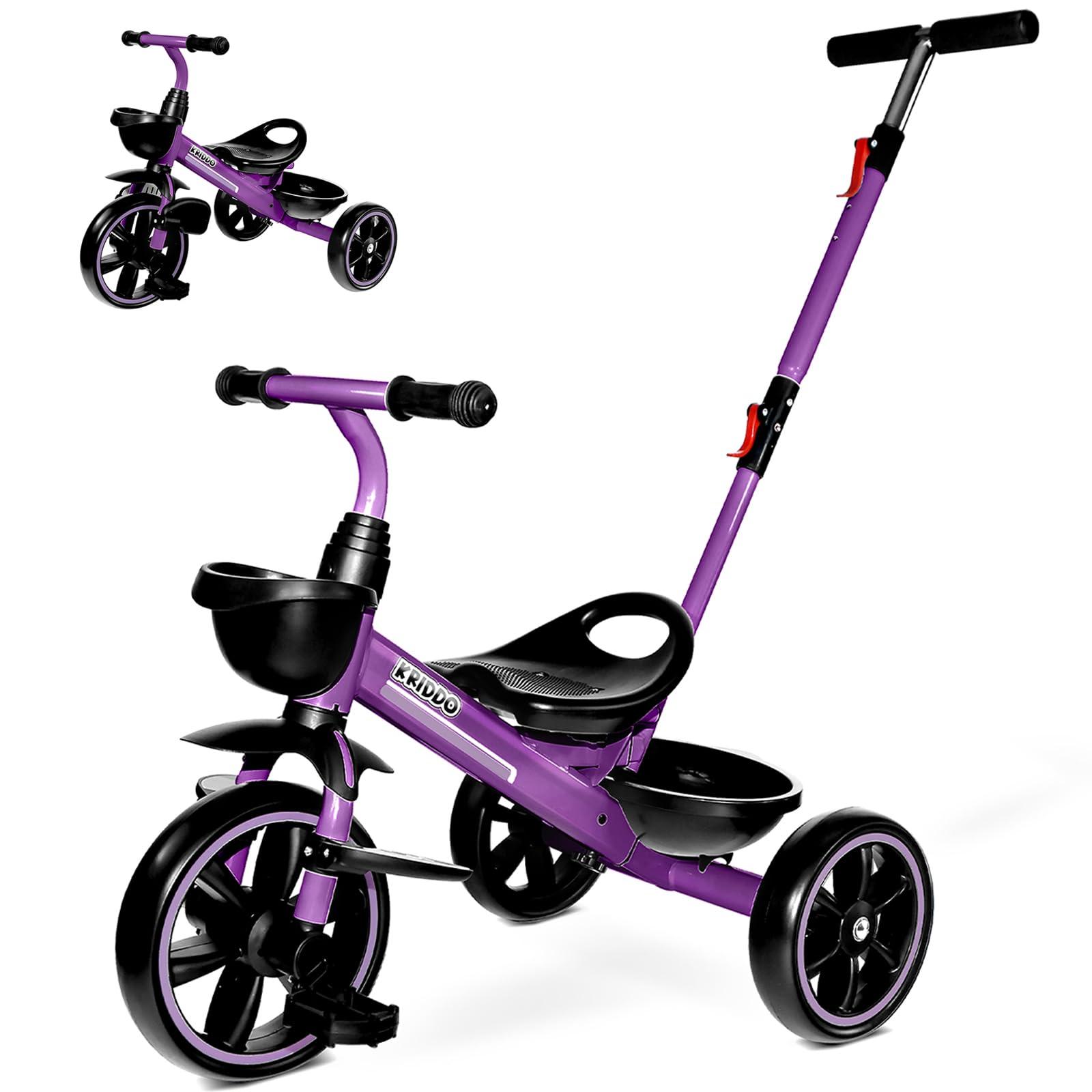 KRIDDO KRIDDO 2-in-1 Toddler Tricycle for Ages 18 Months to 5 Years Old - Extended Push Handle for Effortless Push, Gift Trike for Toddler 3 to 5 Year, Kids Tricycle with Foldable Front Footrest, Purple