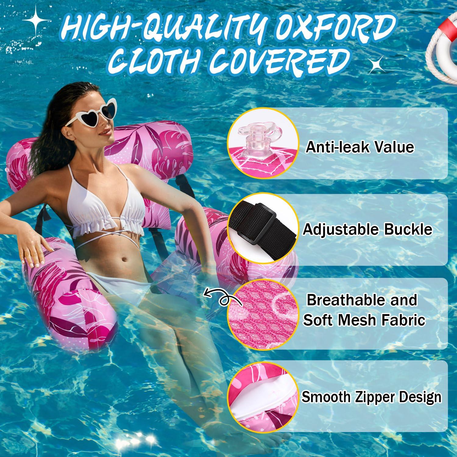 Sonwyoung Sonwyoung Inflatable Pool Floats Chairs Adult Floating Lounge Chairs Adjustable Hammock Water Floating Chair Swimming Tropical Plants Pattern for Party Summer Water Beach Lake Fun(Pink)
