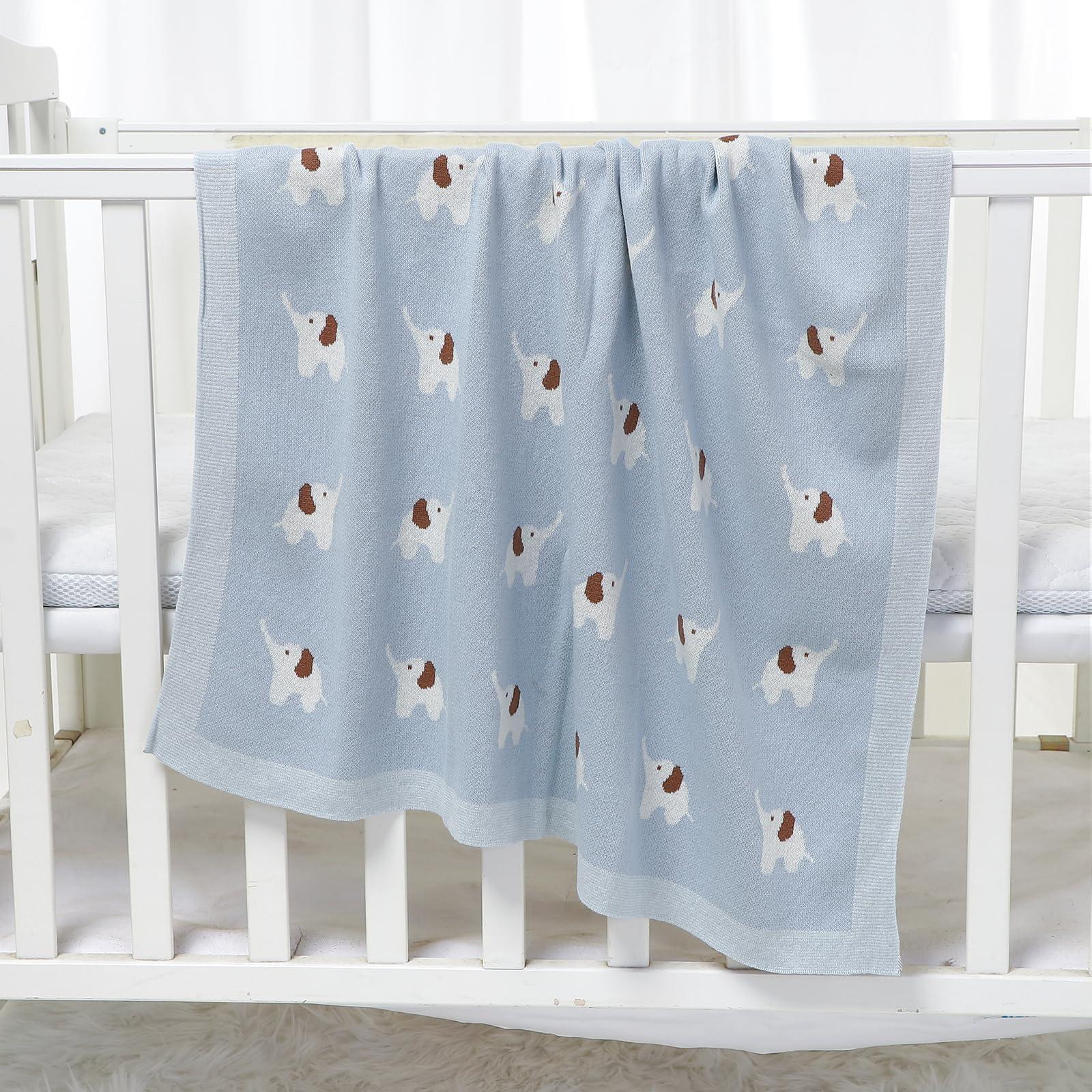 Hadetoto Hadetoto 100% Cotton Baby Blanket Knit Soft Cozy Swaddle Receiving Blankets Toddler Infant Blanket with Lovely Elephant for Newborn Boy Girls - Light Blue, 90 x 70cm