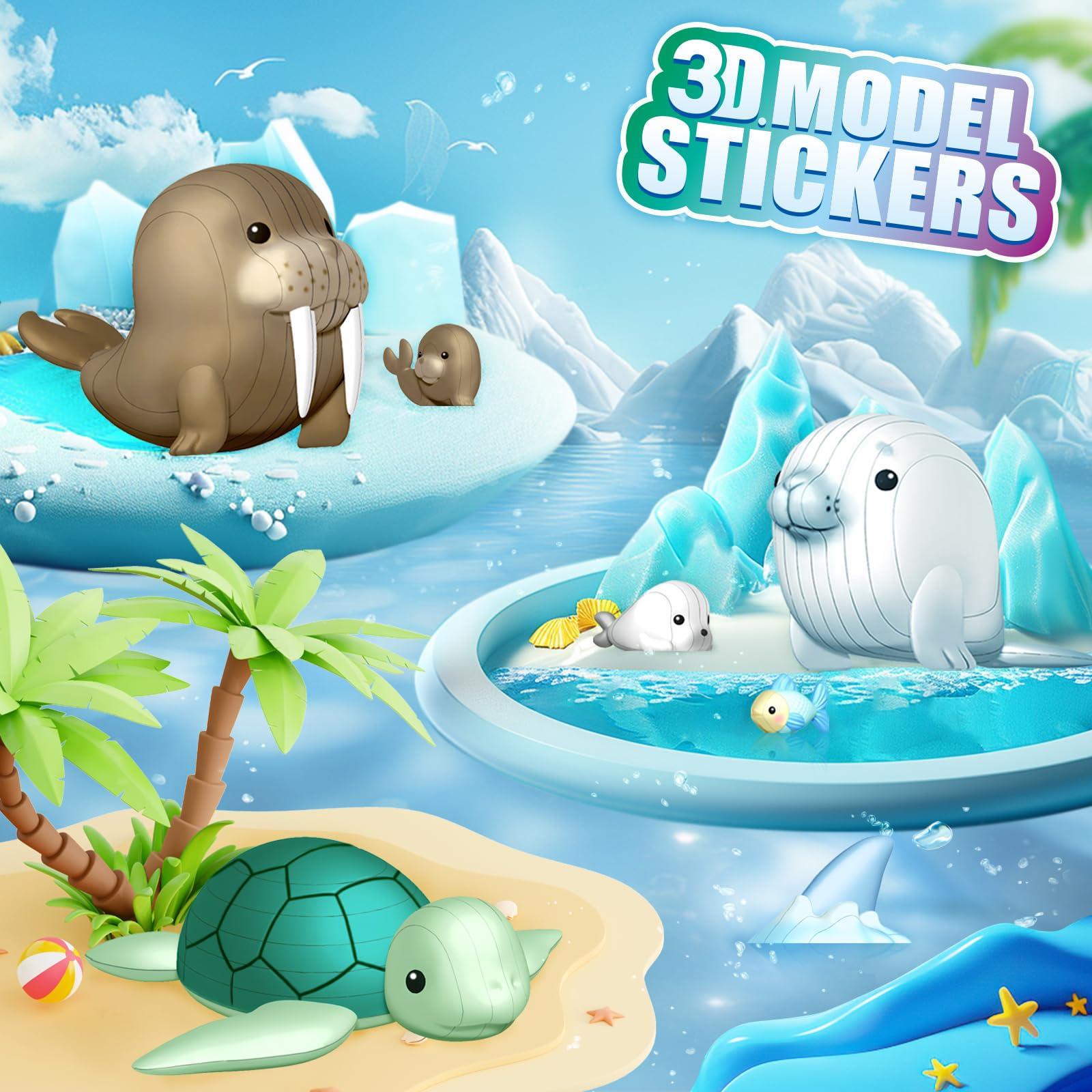 LC eterna 3D Sea Animals Puzzle, 3D Puzzles for Kids, 6 PCS Water Proof Animal Stickers, Mini Ocean Animals Toys Gifts for Boys Girls Kids