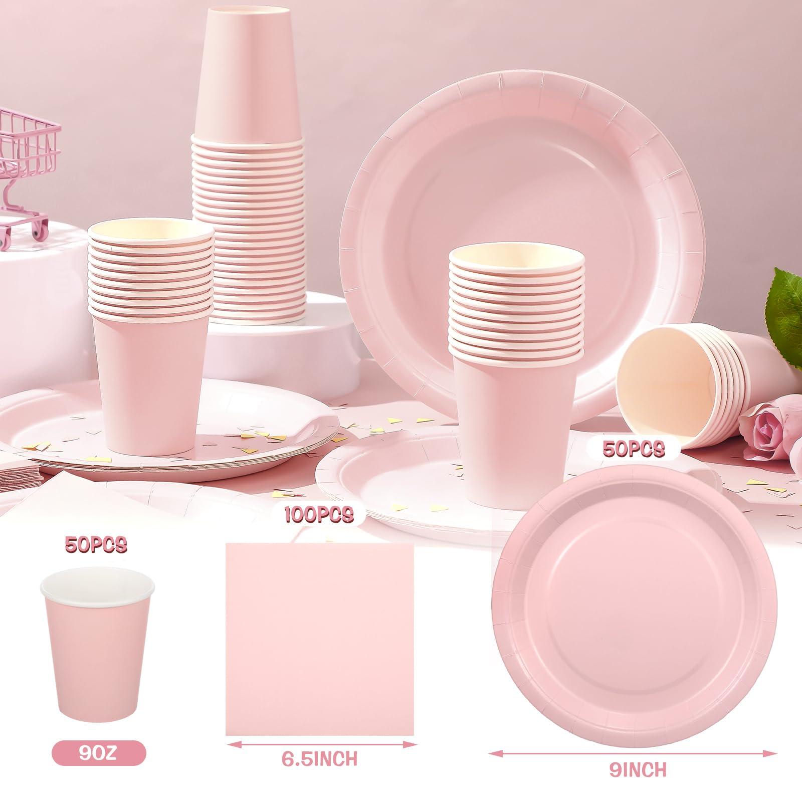 Hushee Hushee 200 Pcs Pink Party Supplies Set Pink Paper Plate and Napkins Serves 50 Guests Pink Disposable Plates Napkins Cups for Baby Shower Decorations for Girl, Pink Party Decorations