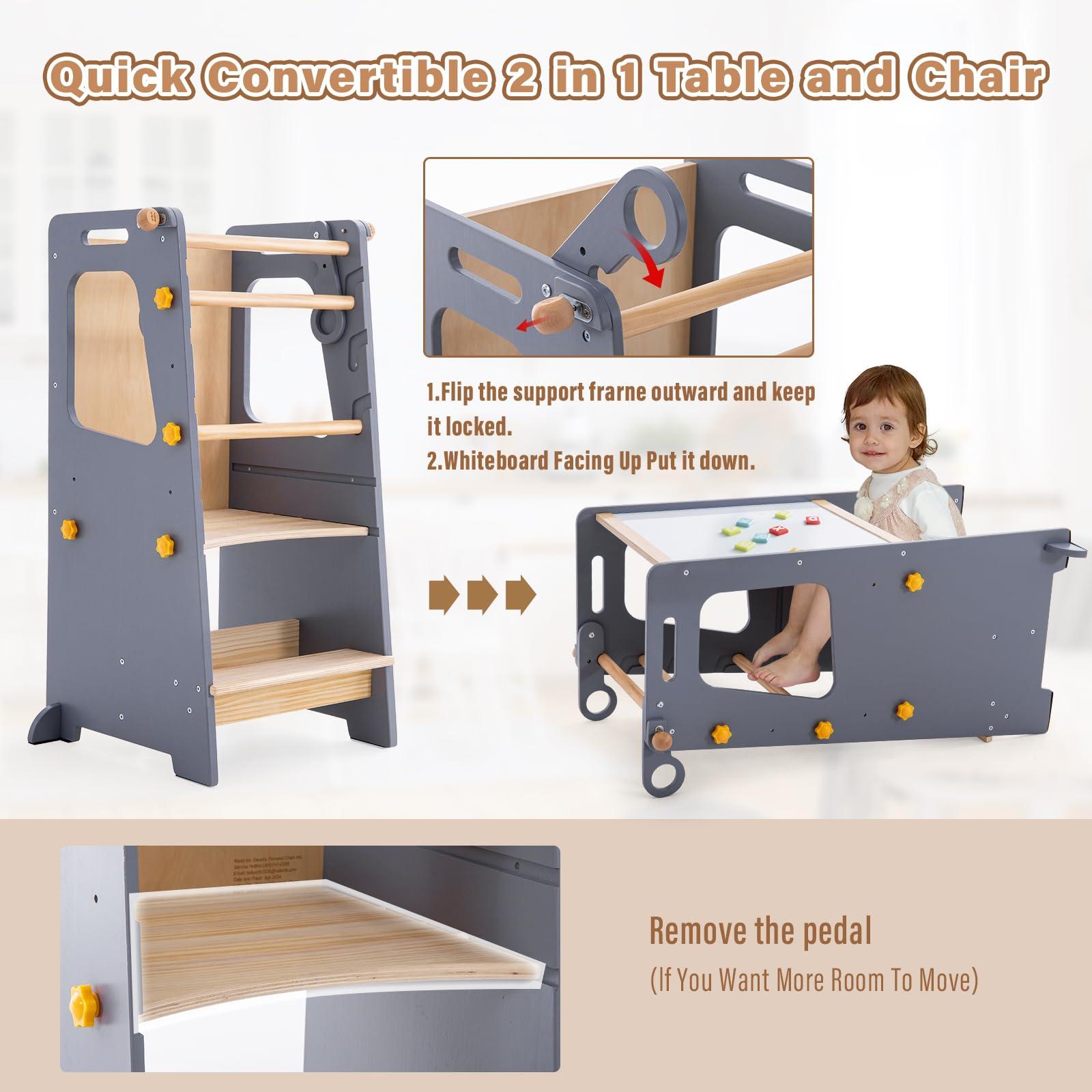 Aokkto Aokkto 4 in 1 Toddler Kitchen Tower, Kids Kitchen Stool Helper, Standing Tower with Convertible Table and Chair, Toddler Step Stool with Adjustable-Height,Whiteboard and Safety Rail for Kitchen, Gray