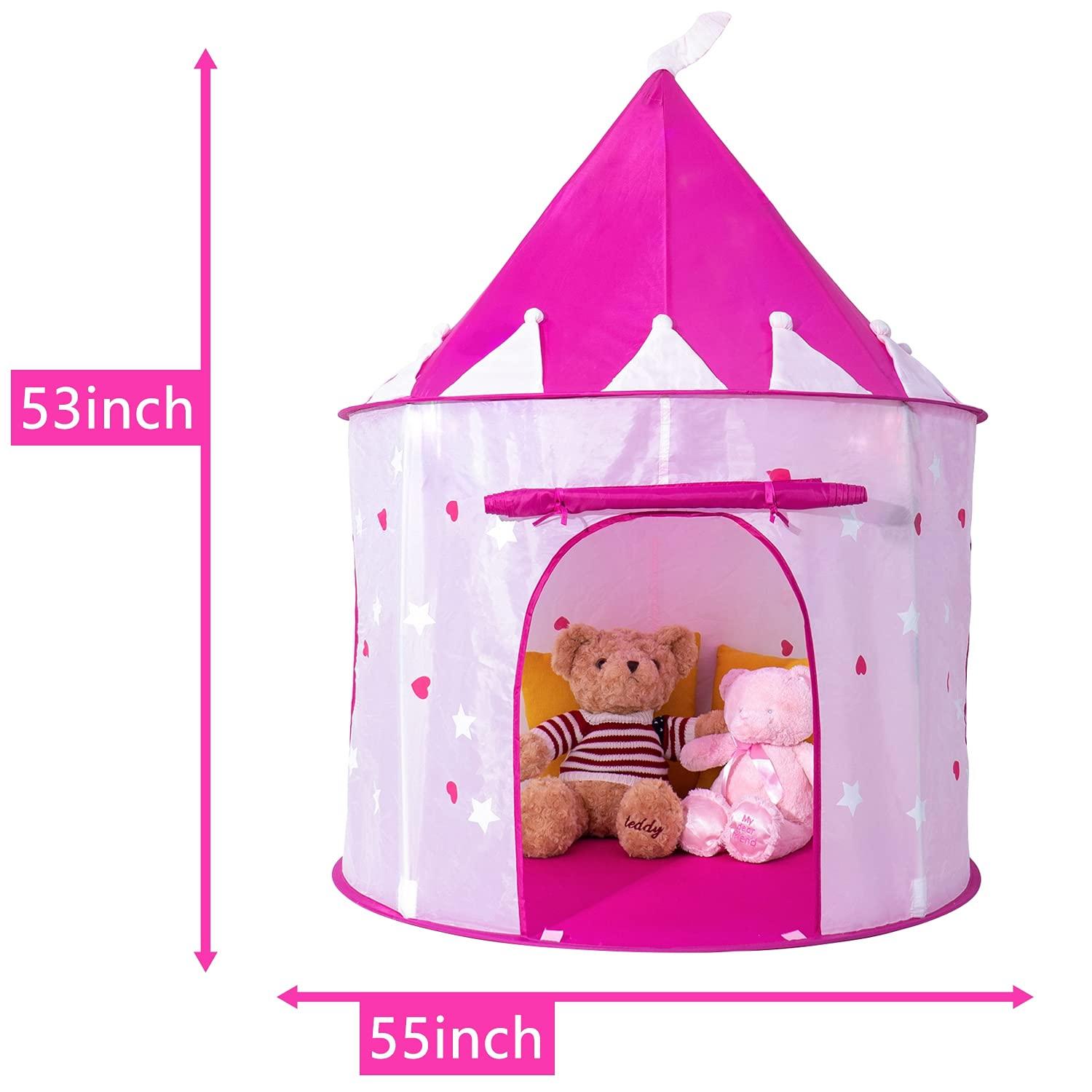 Allusweet Princess Castle Play Tent with Glow in The Dark Stars, Foldable Pink Pop up Kids Tent Playhouse Toys, for Indoor Outdoor Toddler Children Girls Gifts Tent Girls Toys Age 3/4/5/6/7/8/9 Years Old