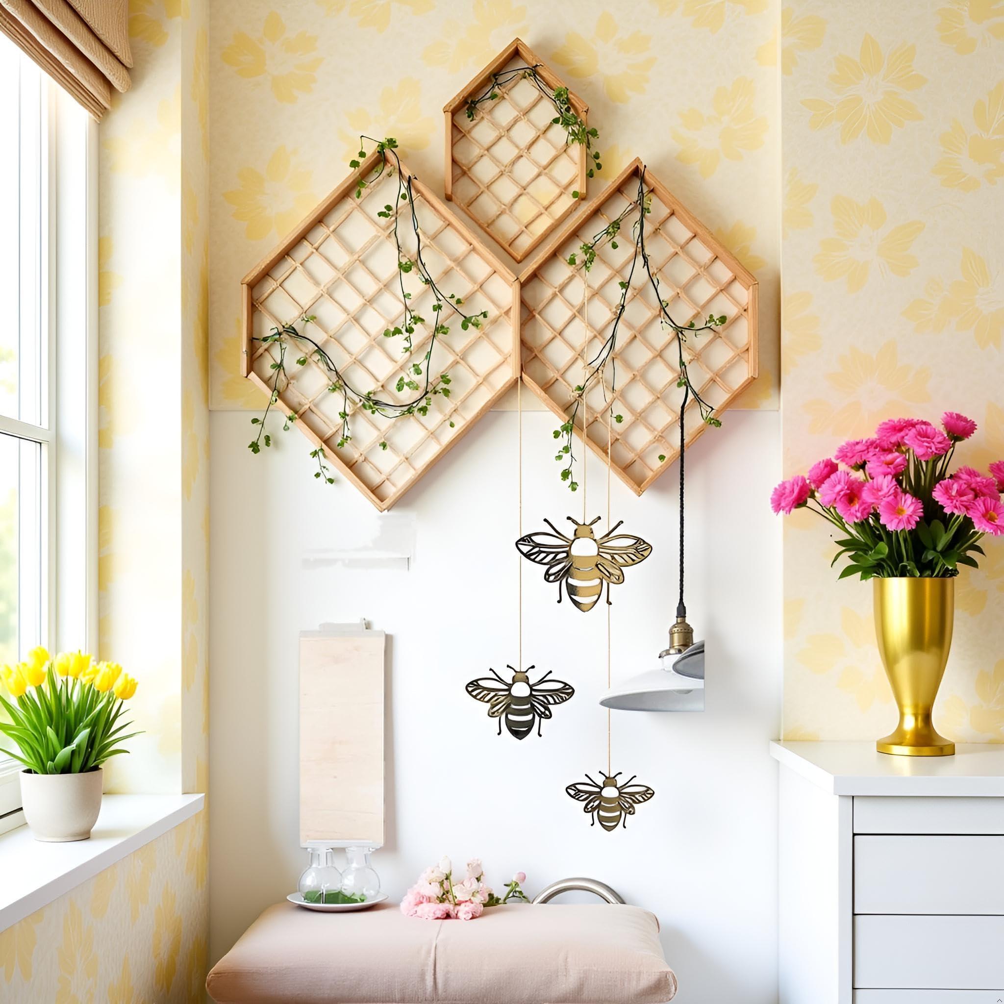 YuanHolumid Bee Wall Decals Honey Bee Wall Decor Bee Wall Stickers Gold Honey Bee Decals,Honeycomb Wall Decals,Removable DIY Bee Decoration Decals for Kids Bedroom Living Room Nursery Wall Stickers and Murals