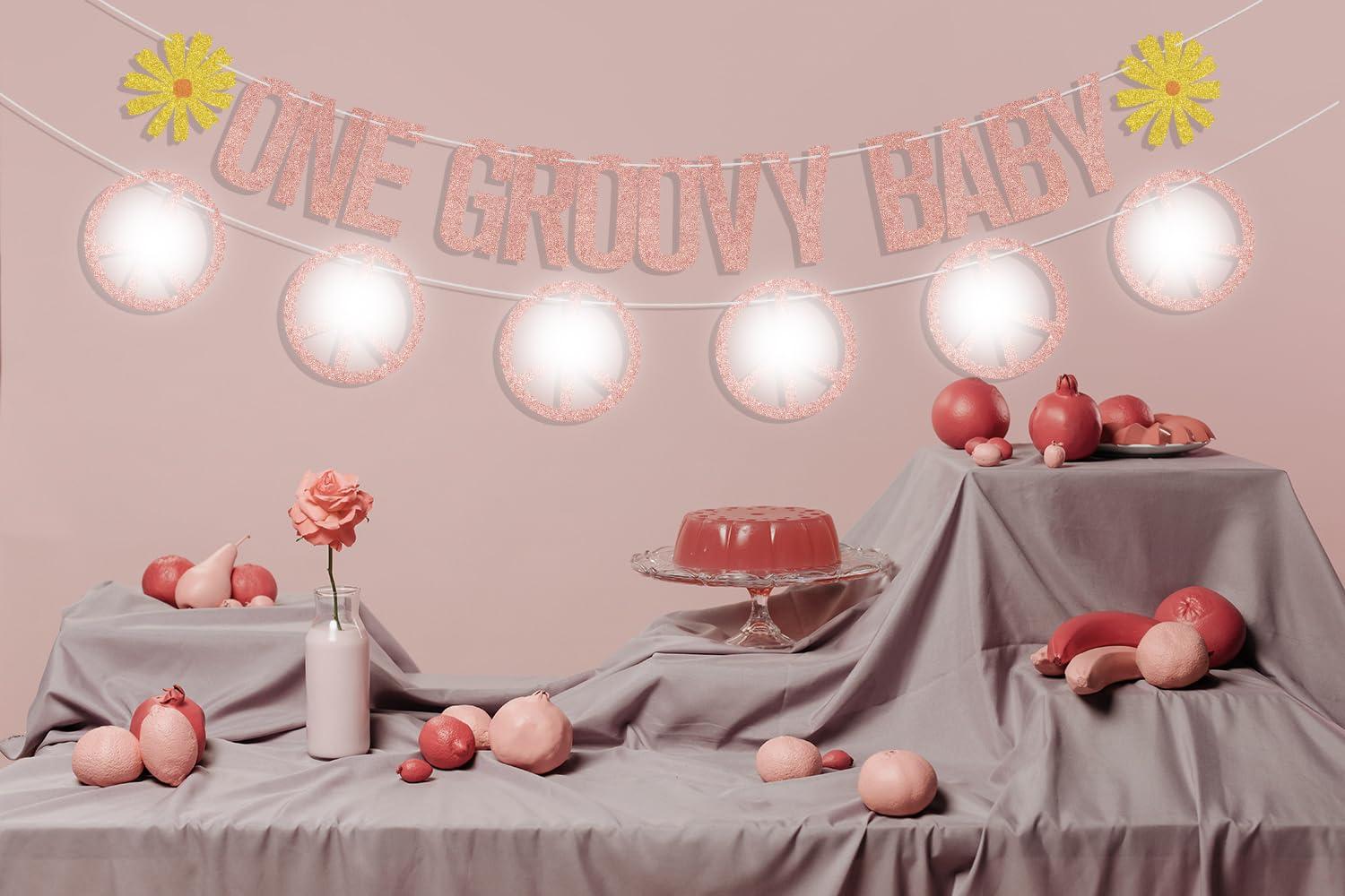 Gtoirpecx One Groovy Baby Banner,Groovy 1st Birthday Decorations,Groovy One Banner For Hippie Party Decorations,One Groovy Baby Birthday Decorations Girl/Boy Rose Gold Glitter