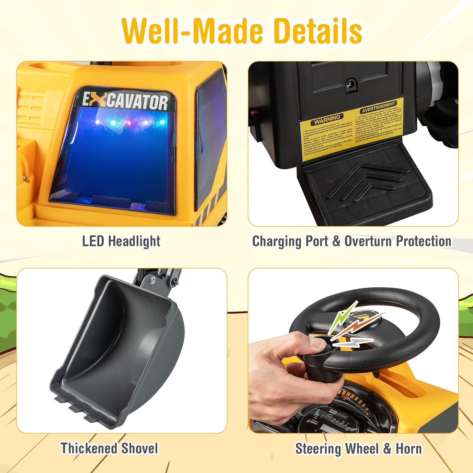 HONEY JOY HONEY JOY Ride on Excavator, 6V Battery Powered Ride on Construction Vehicles for Kids, Under Seat Storage, Music, Rotatable Seat, Kids Digger Loader, Bulldozer Ride on Toy, Gift for Boys Girls