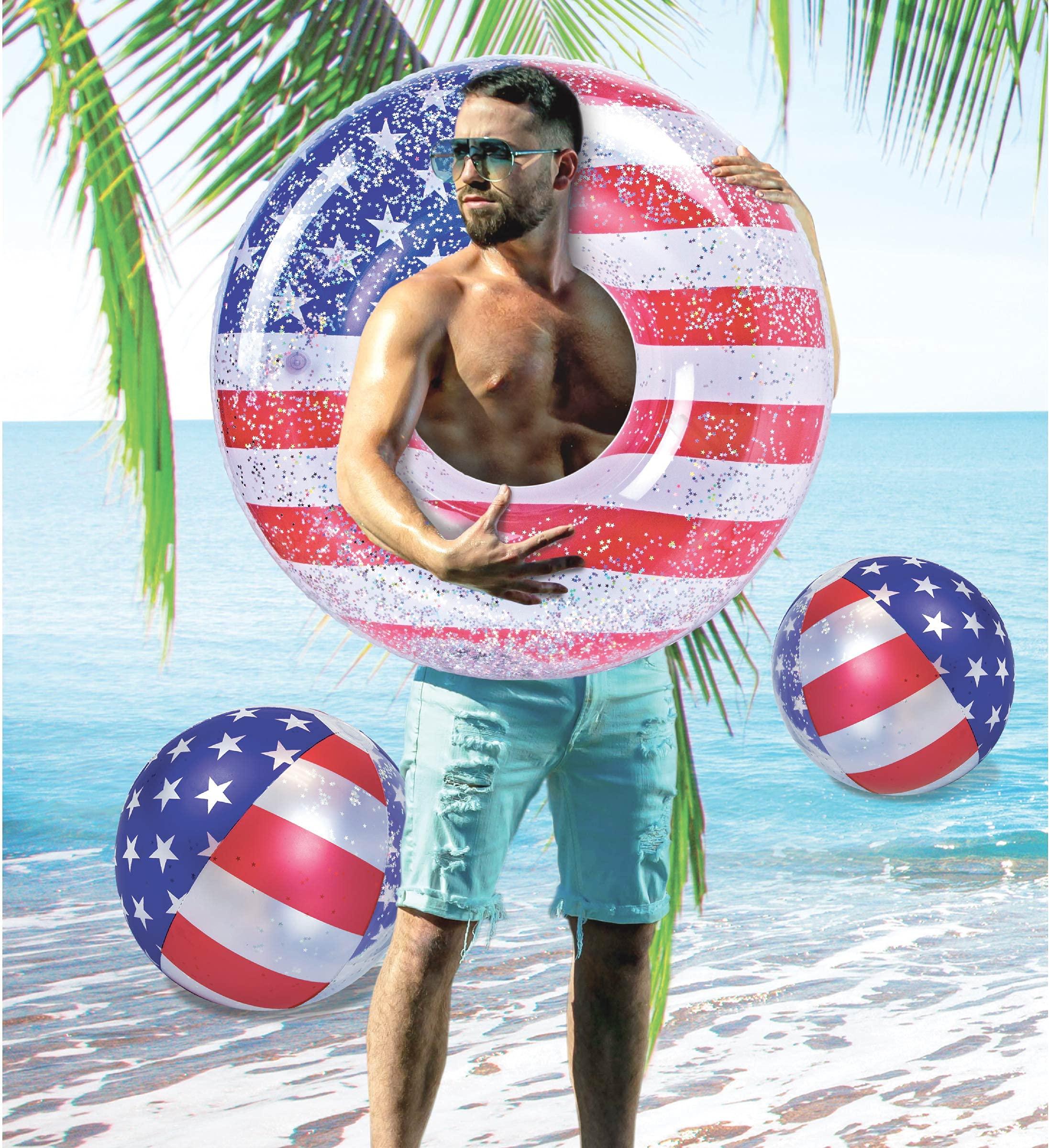 POZA POZA Inflatable USA Pool Float Tube and Beach Balls - Luxurious American Flag Design with Sparkly Silver Stars Confetti Pool Float and Inflatable Beach Balls, Water Inflatables for Pool, Beach, Lake