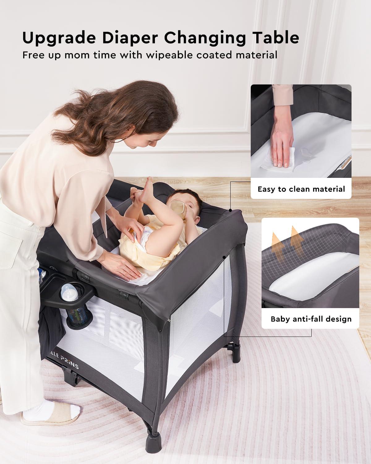 LILLEPRINS LILLEPRINS 4 in 1 Pack and Play with Bassinet, Diaper Changing Table for Newborn Infant, Portable Baby Playpen for Babies and Toddlers