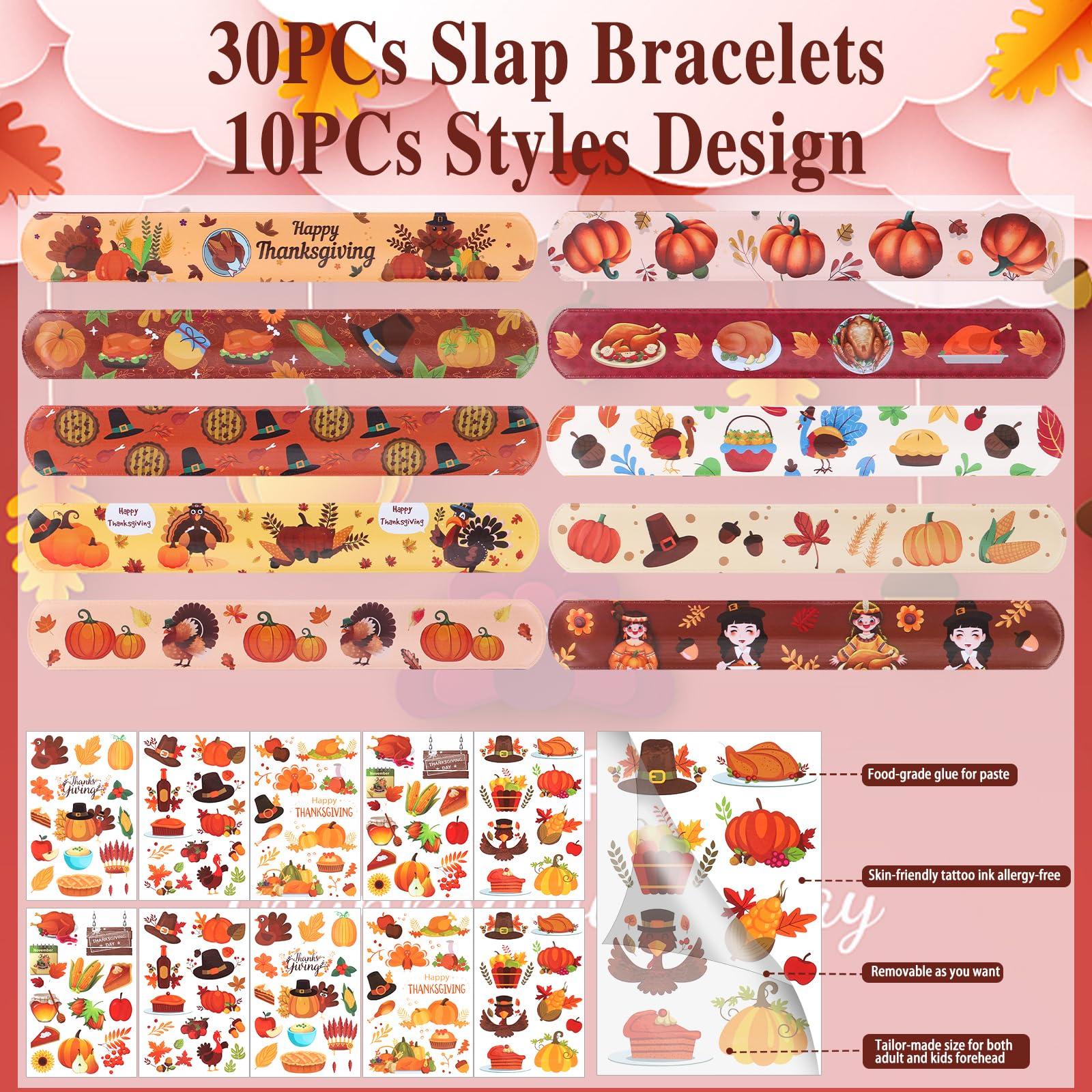 DoYoDoYa 40PCs Thanksgiving Slap Bracelets for Kids with Thanksgiving Tattoo, Turkey Pumpkin Autumn Maple Leaf Snap Band for Fall Party Favors Decor