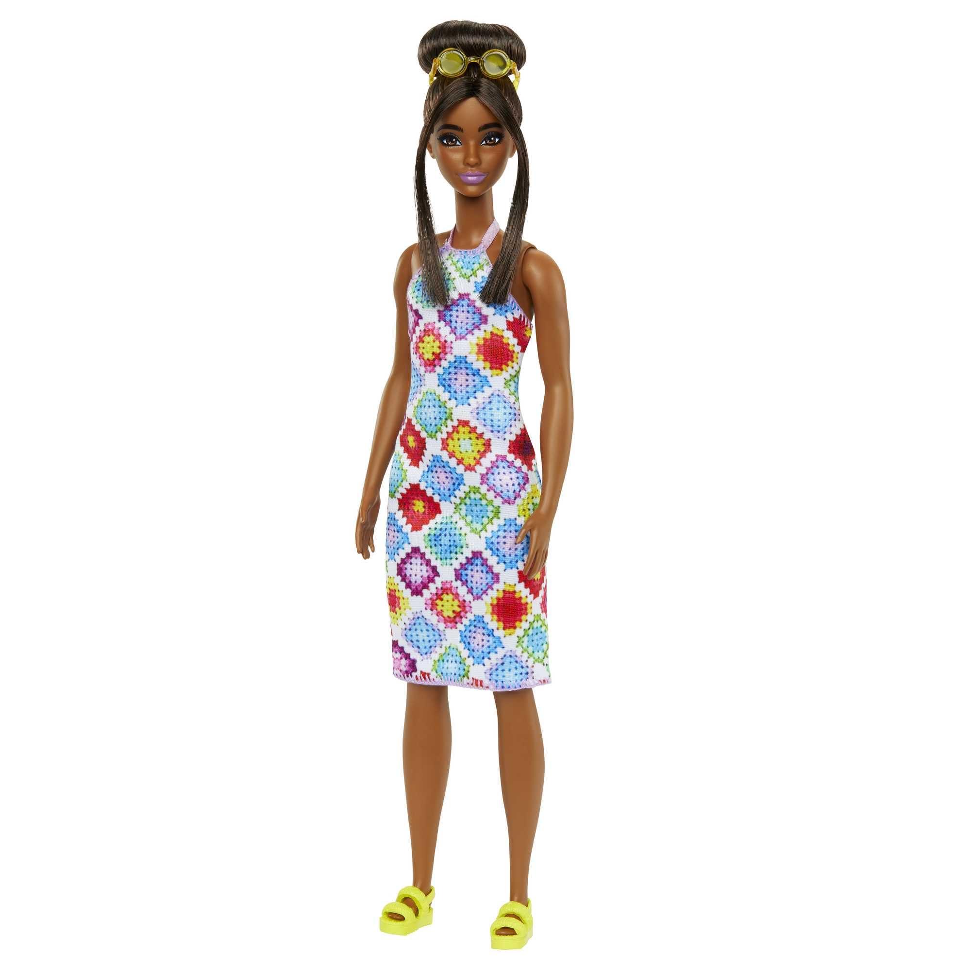 Barbie Barbie Fashionistas Doll #210 with Brunette Hair in Bun Wearing Removable Colorful Crochet Halter Dress, Sunglasses & Sandals