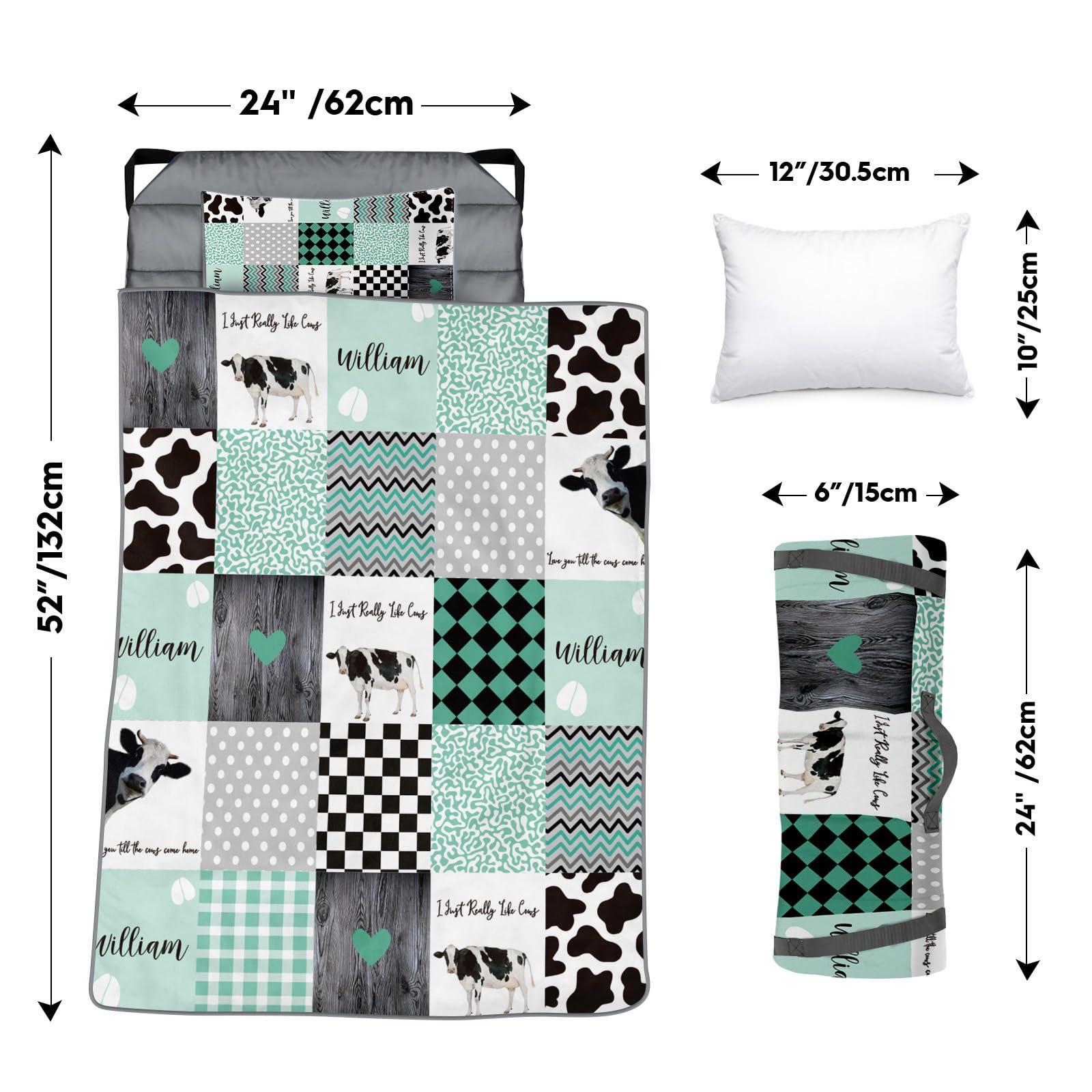 Duckbe Custom Toddler Bedding Set - Personalized Name with Animals Plaid Nap Mat for Preschool, Roll Up Sleeping Bag with Flannel Blanket for Boys Girls Kids Daycare Gift Color10-Cow