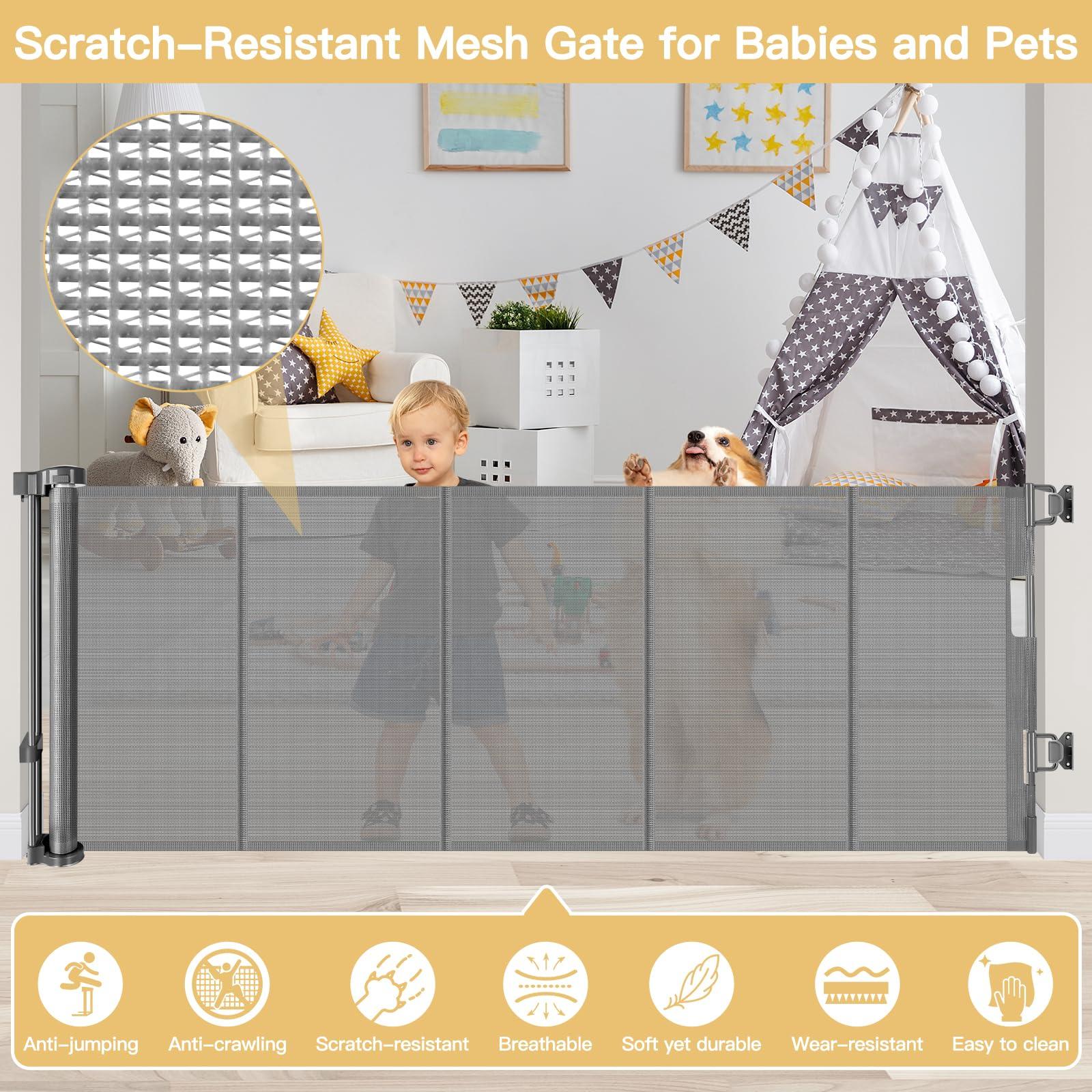 Stcockis 28 Inch Tall Retractable Baby Gates, 80" Wide Reinforced Retractable Dog Gate with Support Rods, Walk Through Pet Gate, Short Dog Gate Retractable Pet Gate, Mesh Baby Gate for Stairs, Doorways, Gray