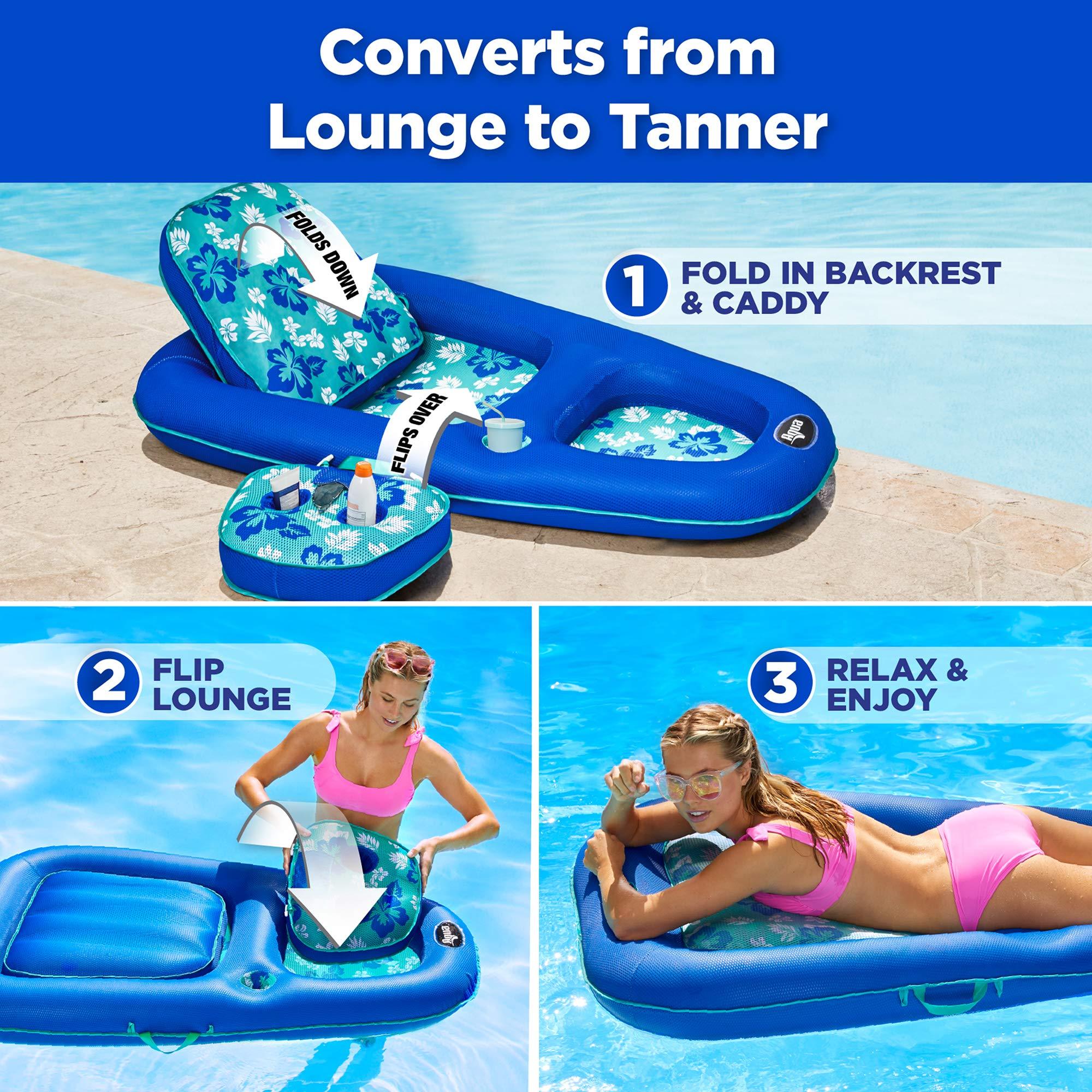 Aqua LEISURE Aqua Campania Ultimate 2-in-1 Pool Float Lounge Extra Large Inflatable Pool Floats for Adults with Adjustable Backrest & Cupholder Caddy Teal Hibiscus