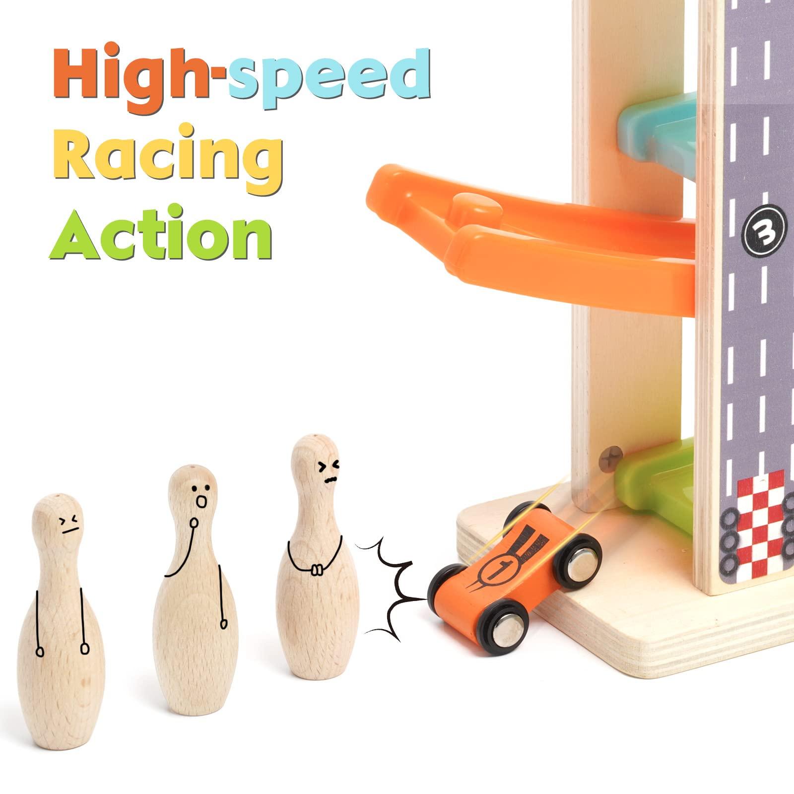 Ark miido Wooden Car Ramp Toys Race Track Zig Zag Car Slide Toddler Montessori Toys Click Clack Race Track Bowling Game Gifts Wooden Car Toy Garage with 4 Mini Cars 3 Bowlings for 1 2 3 4 5 Year Old Boys Girls