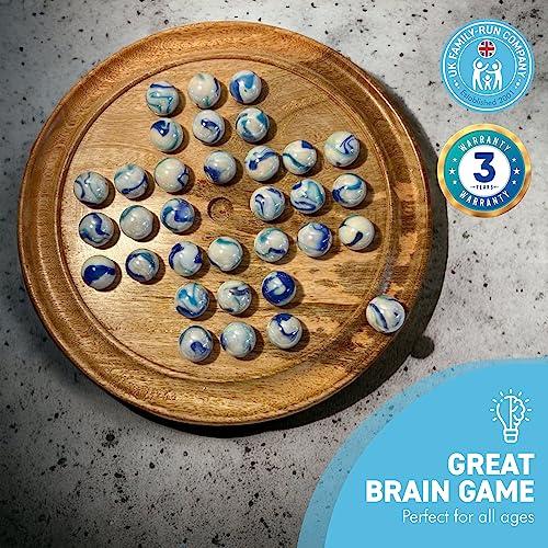 Thorness 30cm Diameter WOODEN SOLITAIRE BOARD GAME with JELLYFISH GLASS MARBLES | classic wooden solitaire game | strategy board game | family board game | games for one | board games