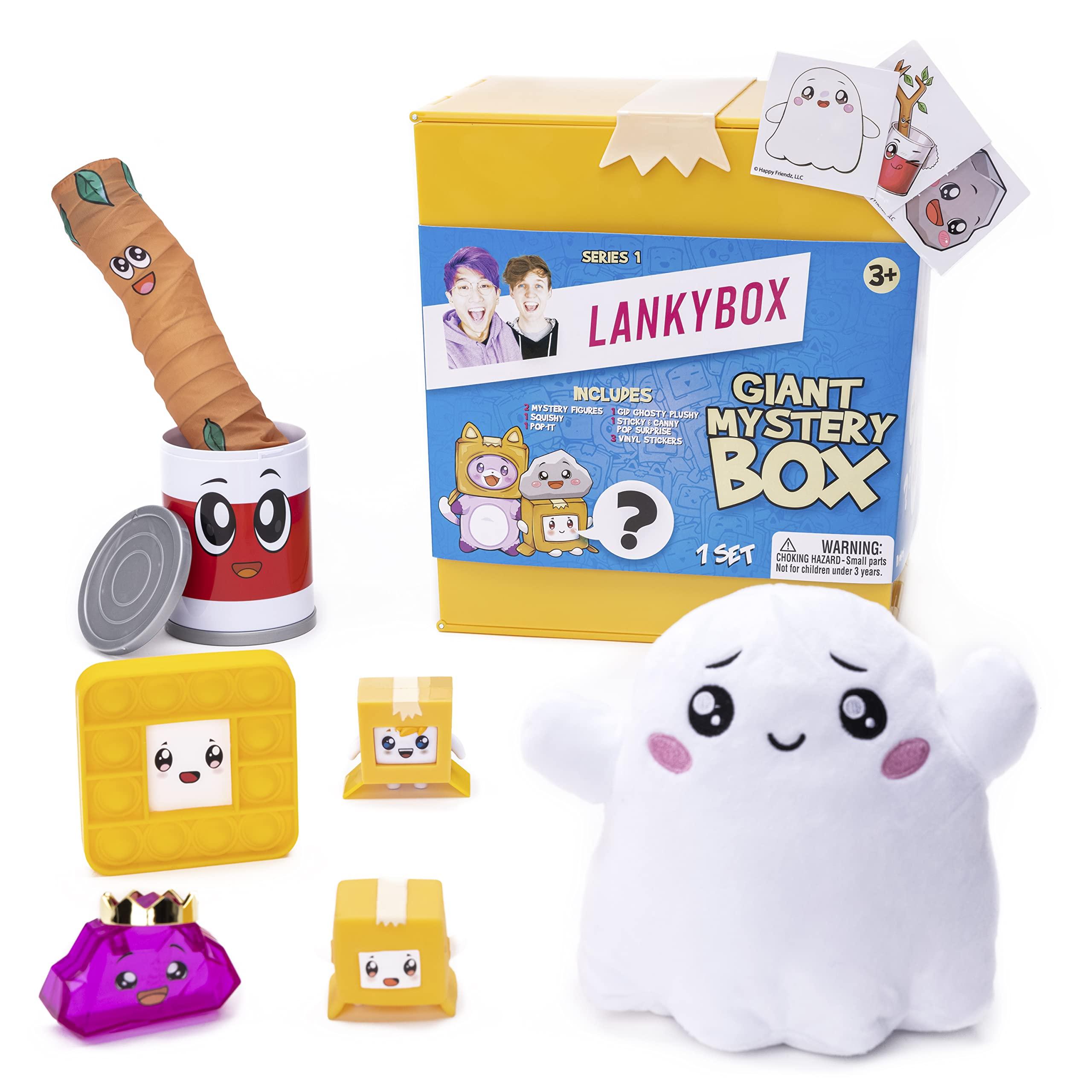 LankyBox LankyBox Giant Mystery Box: Wearable Boxy case, 2 Figures, one 6 Glow-in-The-Dark Plush, a Squishy , pop-it Fidget Toy, Canny with pop-Out Sticky, and 3 Stickers
