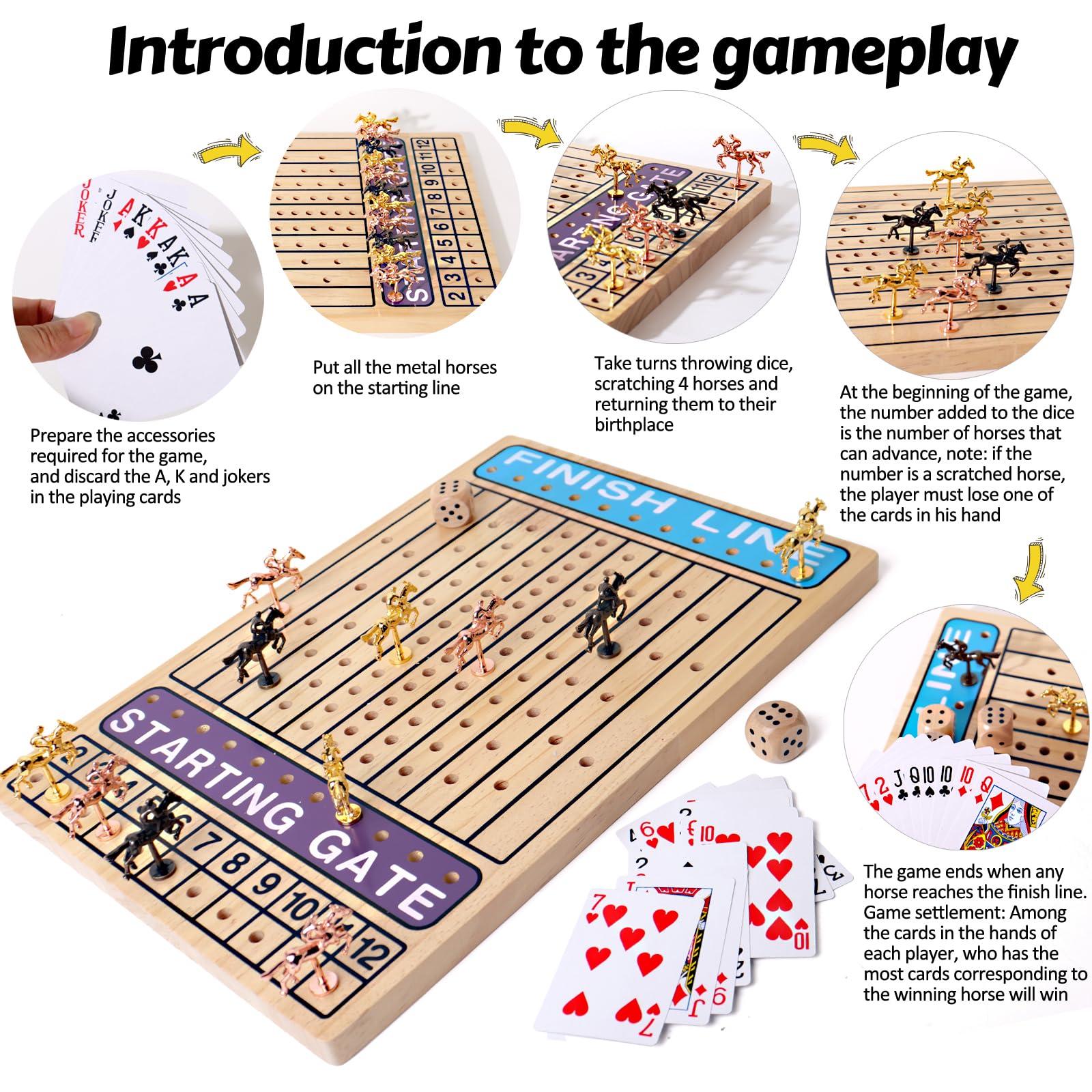 BESTAMTOY Horse Race Board Game Racing Game Thickened Solid Wood 11 Luxurious Durable Classic Metal Horses with 2 Dice and 1 Boxes of Cards Horse Racing Game