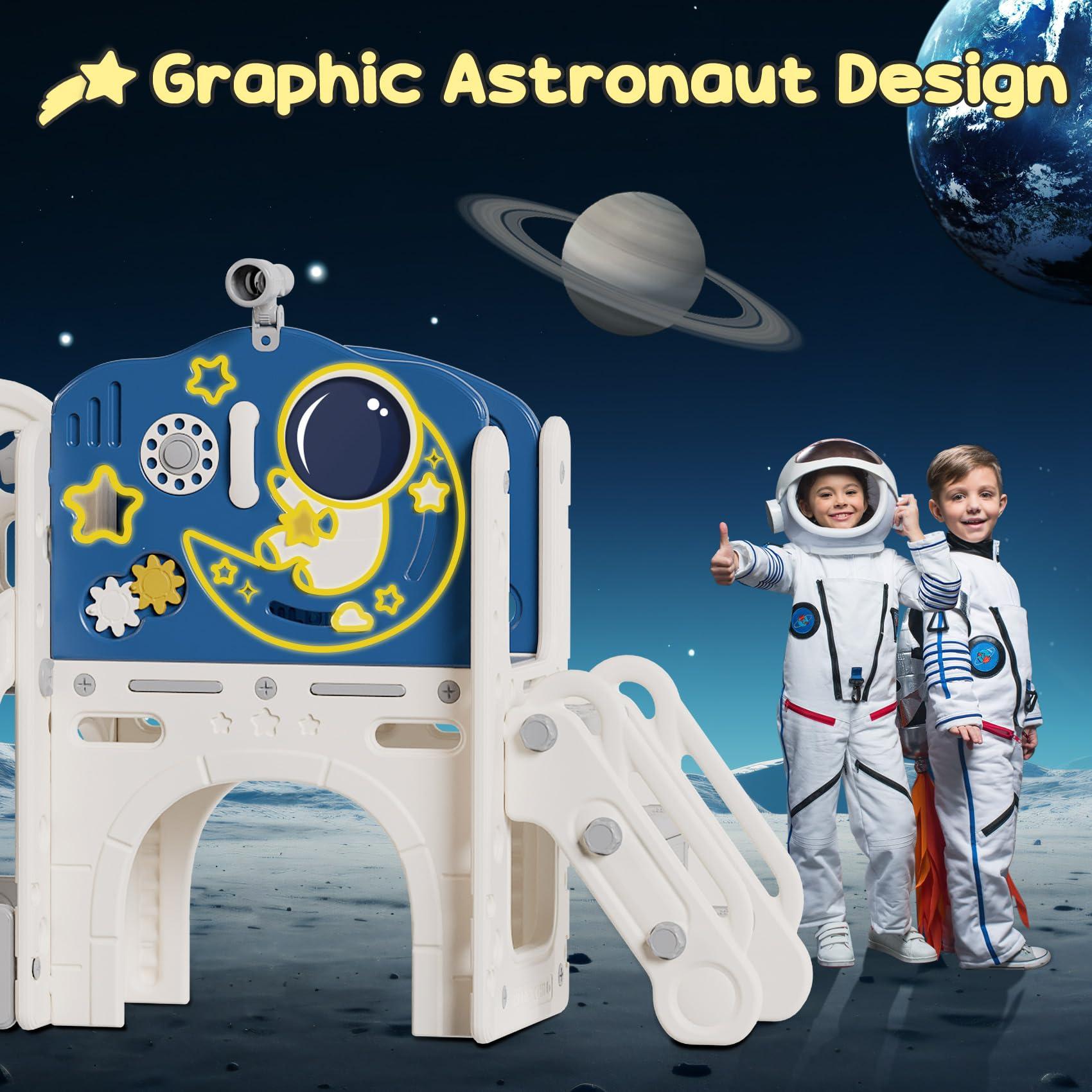 BIERUM BIERUM 10 in 1 Toddler Slide, Astronaut Themed Baby Slide for Toddlers Aged 1-3, with Astronaut Design, Phone Call Design and Basketball Hoop, Toddler Playset Toddler Playground Blue Gray