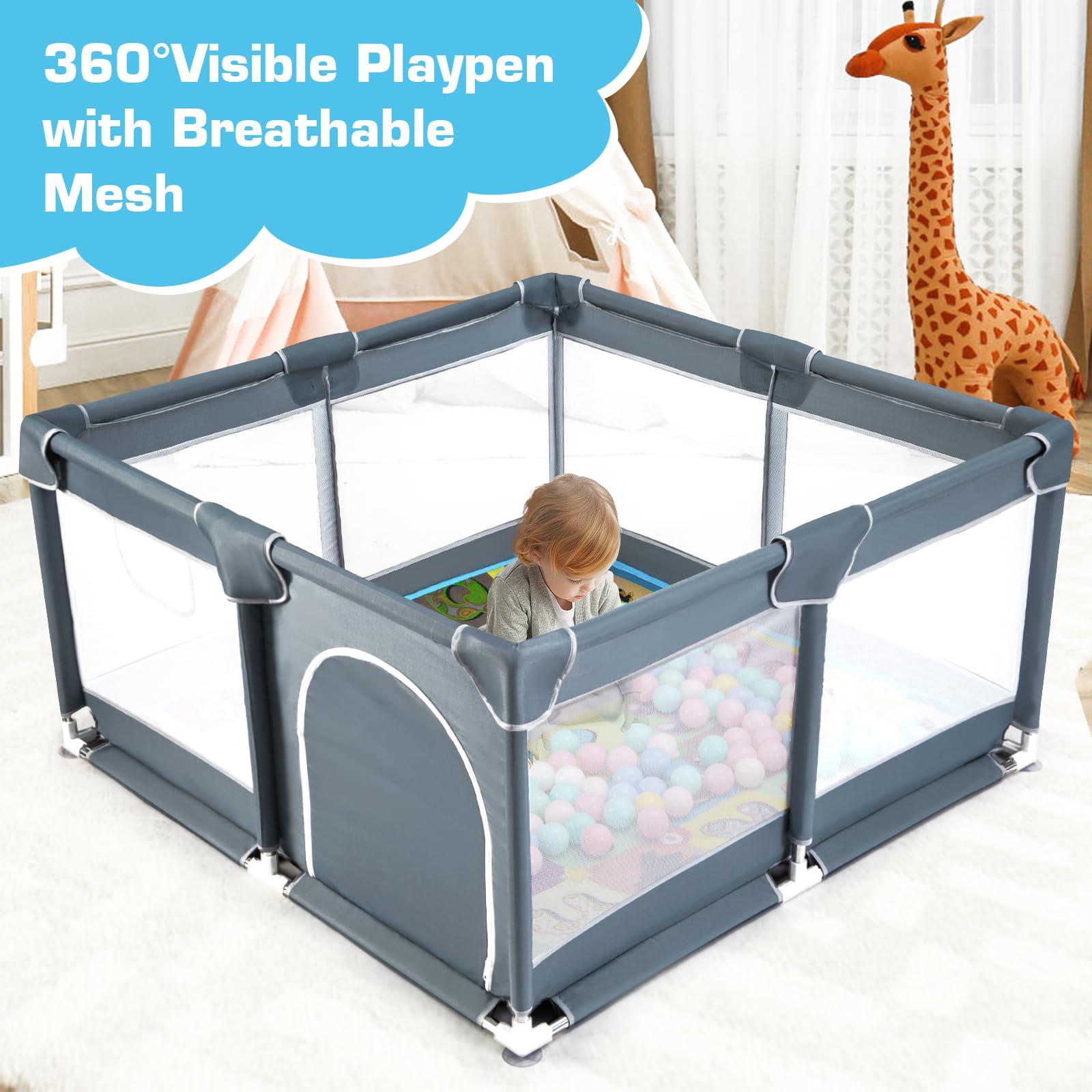 YIERYA YIERYA Baby Playpen Playard for Babies and Toddlers, Baby Fence Play Pens for Indoor & Outdoor, Sturdy Safety Play Yard with Breathable Mesh and Anti-Slip Mat,Grey