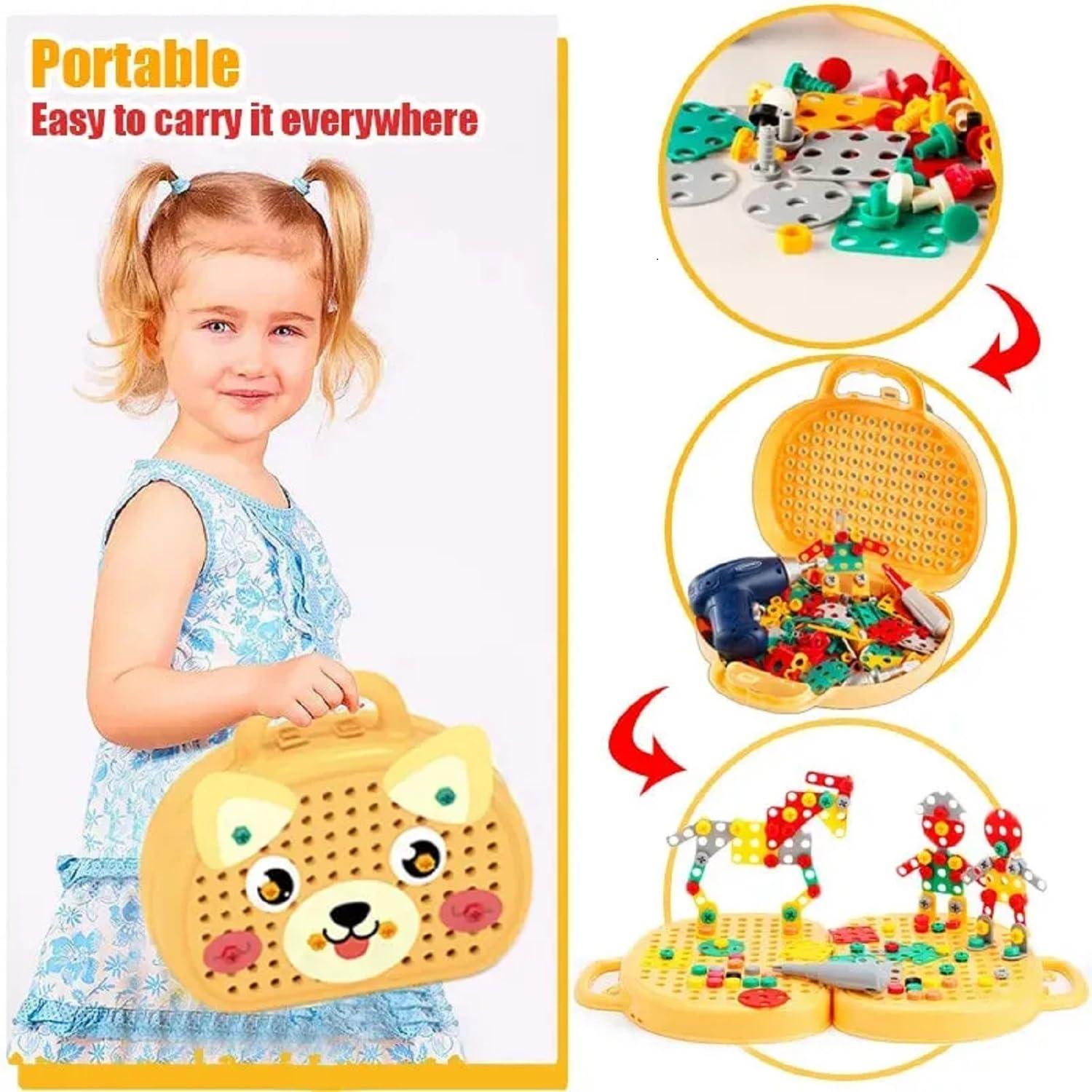 Generic Magic Montessori Play Toolbox Bear or Dog,Keolaa Creativity Tool Box Kit Toy with Drill for Girls/Boys (Bear, with Electric Drill)
