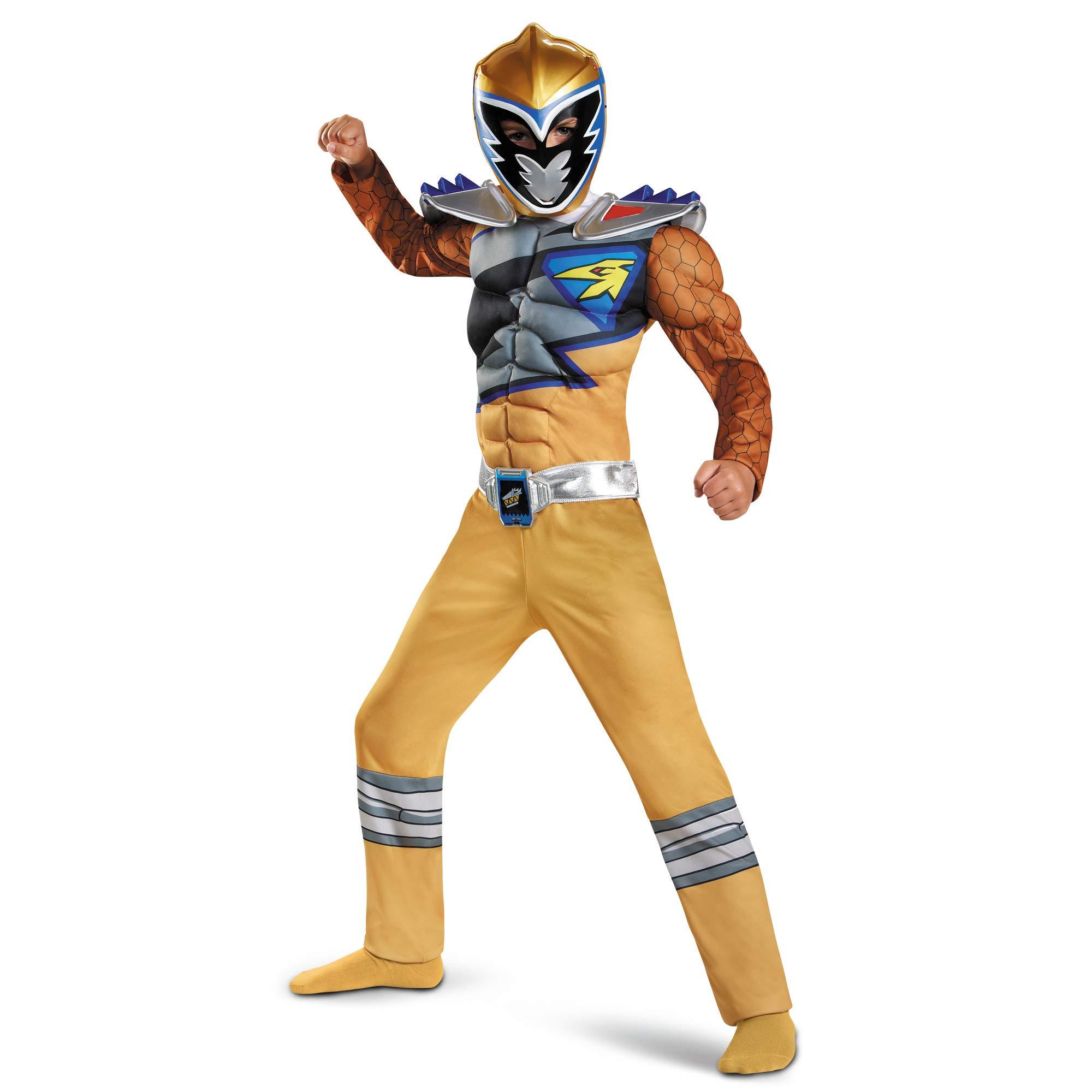 Disguise Gold Power Rangers Costume for Kids. Official Licensed Gold Ranger Dino Charge Classic Muscle Power Ranger Suit with Mask for Boys & Girls, Medium (7-8)