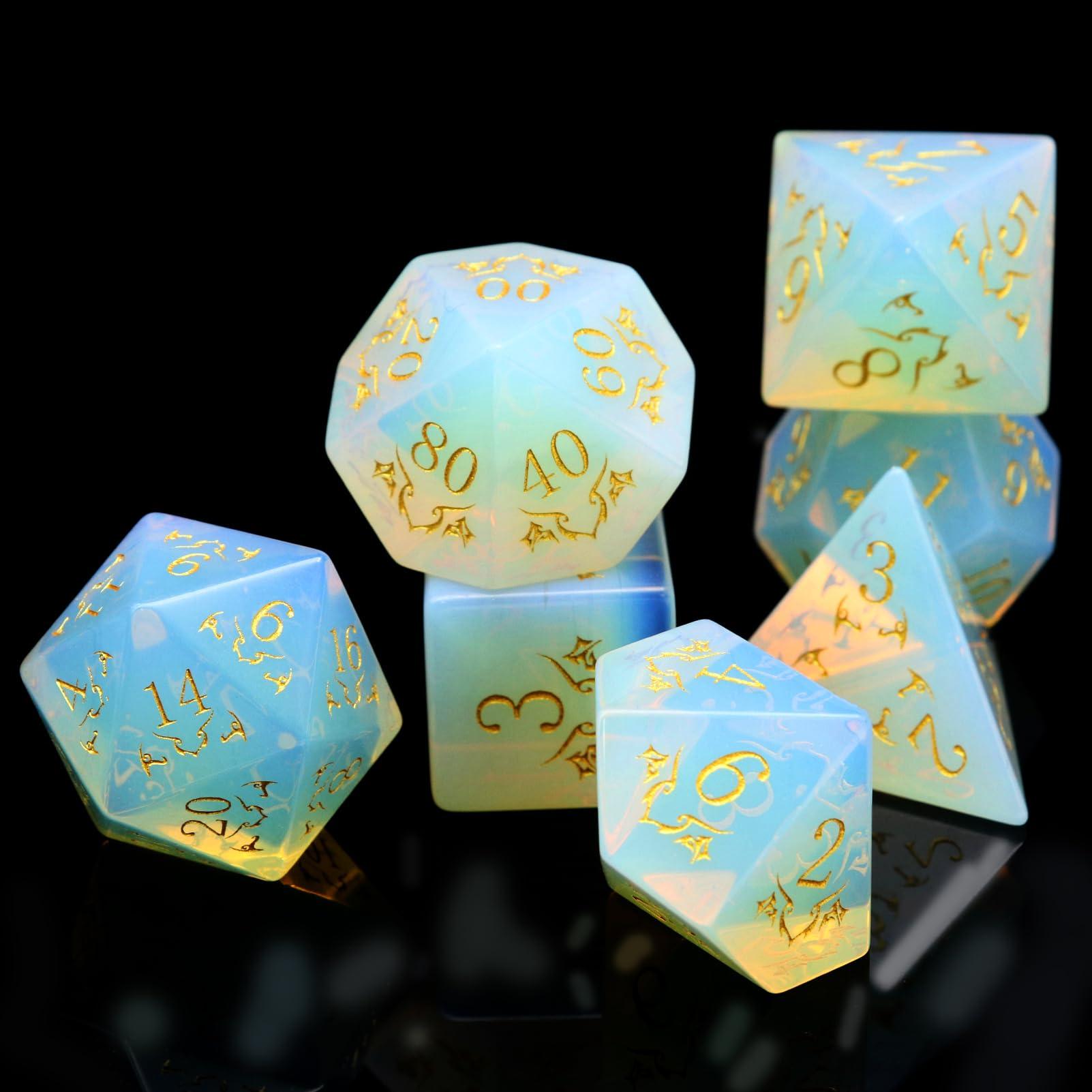 Haxtec Haxtec Opal Gemstone DND Dice Set with Dice Case Precious Gemstone Dice Set for Dungeons and Dragons TTRPG Gifts for Dungeons Masters