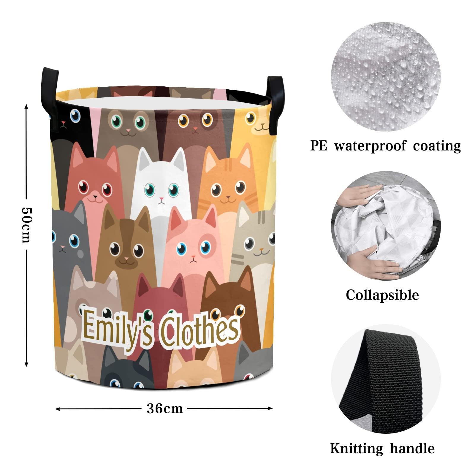 Grandkli Cartoon Cat Personalized Freestanding Laundry Hamper, Custom Waterproof Collapsible Drawstring Basket Storage Bins with Handle for Clothes