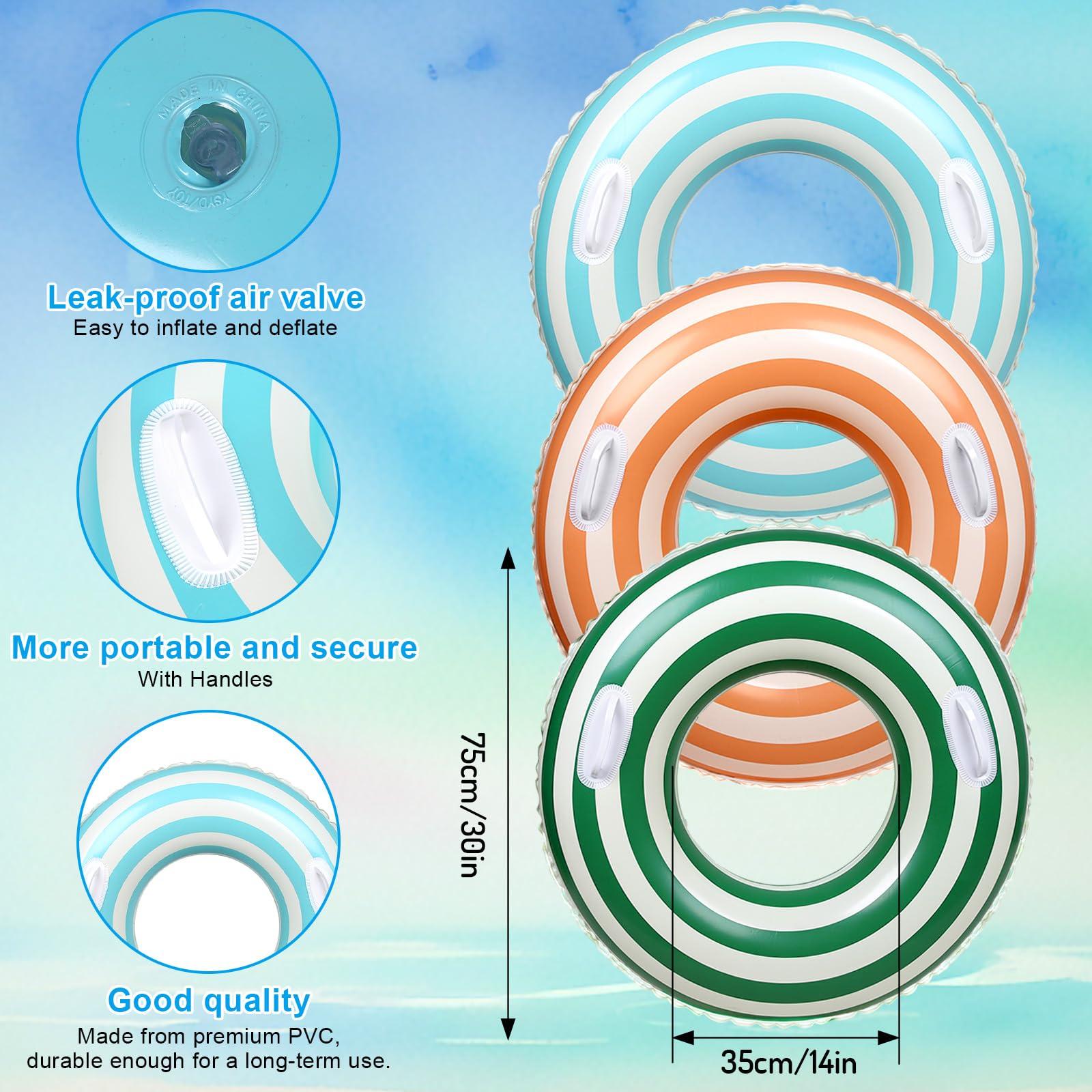 Whaline Whaline 3Pcs Pool Tube with Handles Retro Orange Green Blue Striped Swim Pool Rings Inflatable Float Loungers Tube for Summer Swimming Pool Beach Bachelorette Party, 30 x 14 Inch