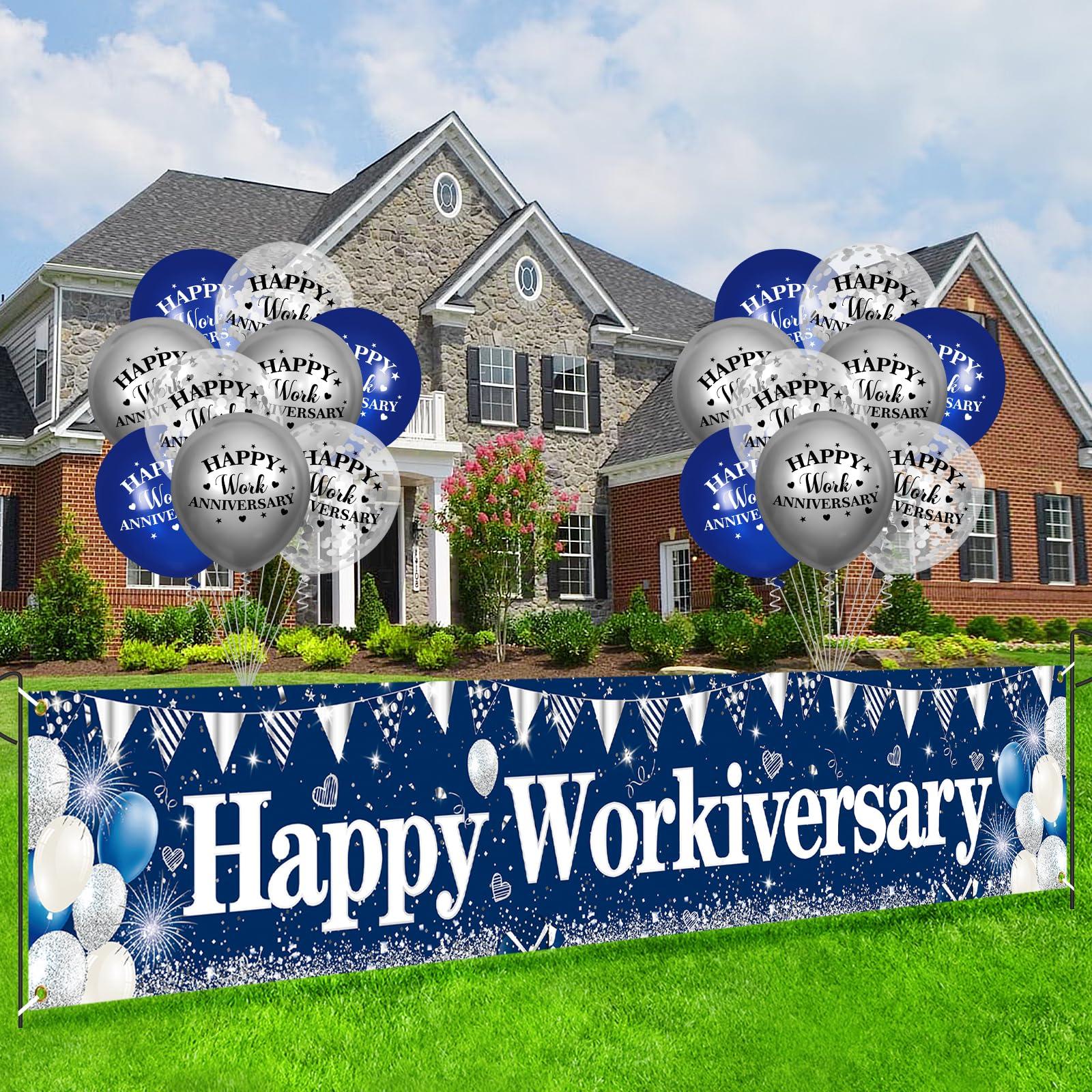 Yoirrat Happy Work Anniversary Decorations Banner Blue Happy Workiversary Banner Yard Sign with 18 Pcs Balloons for Office Anniversary Party Decoration Employee Appreciation Banner Office Party Supplies