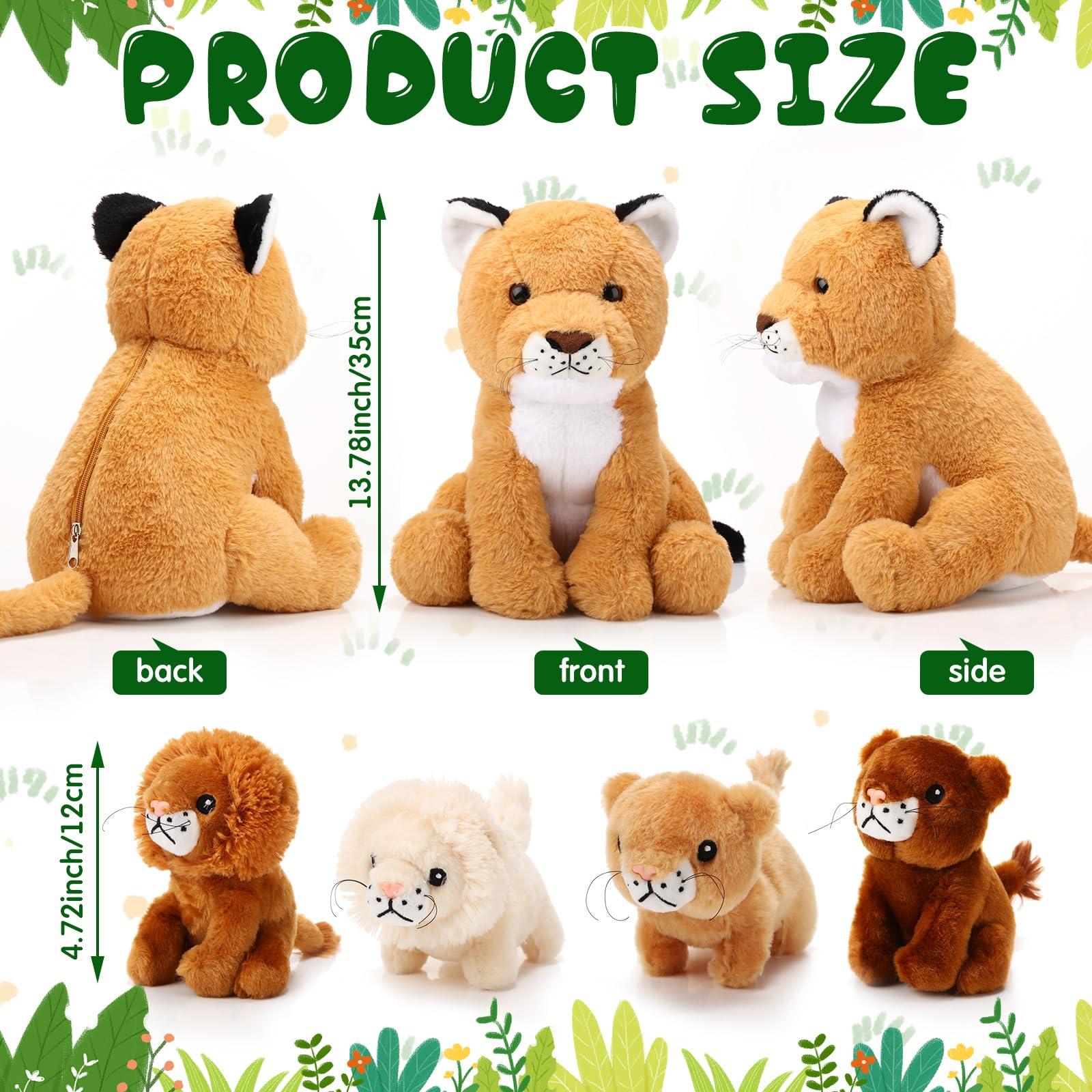 Honoson Honoson 5 Pcs Lion Plush Set Large Lion Stuffed Animal with 4 Cute Baby Lions in Zippered Back Soft Cuddly Lion Plushie Boys Girls Birthday Forest Party Favors