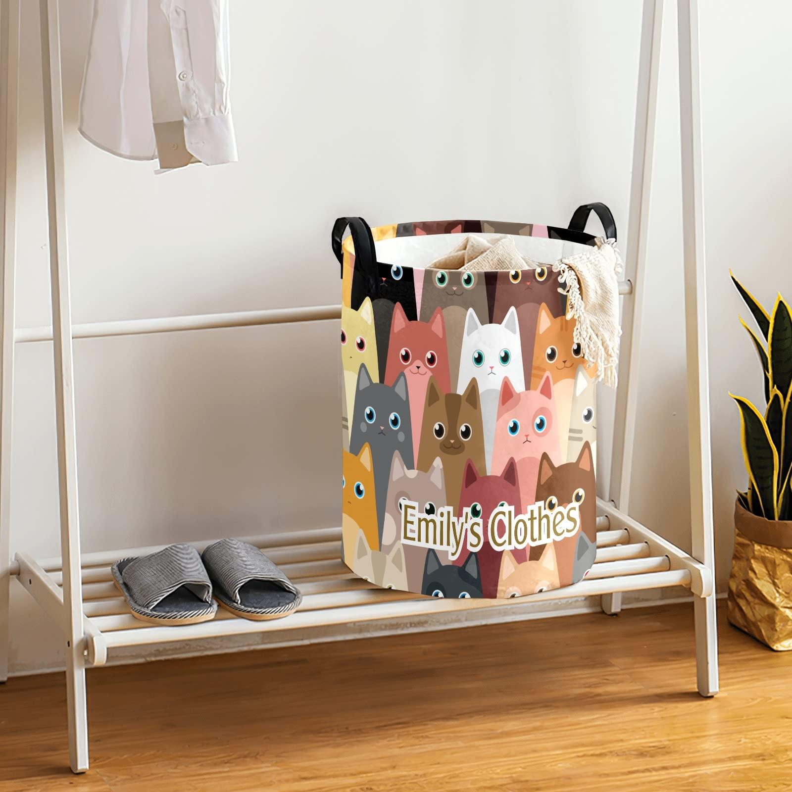 Grandkli Cartoon Cat Personalized Freestanding Laundry Hamper, Custom Waterproof Collapsible Drawstring Basket Storage Bins with Handle for Clothes