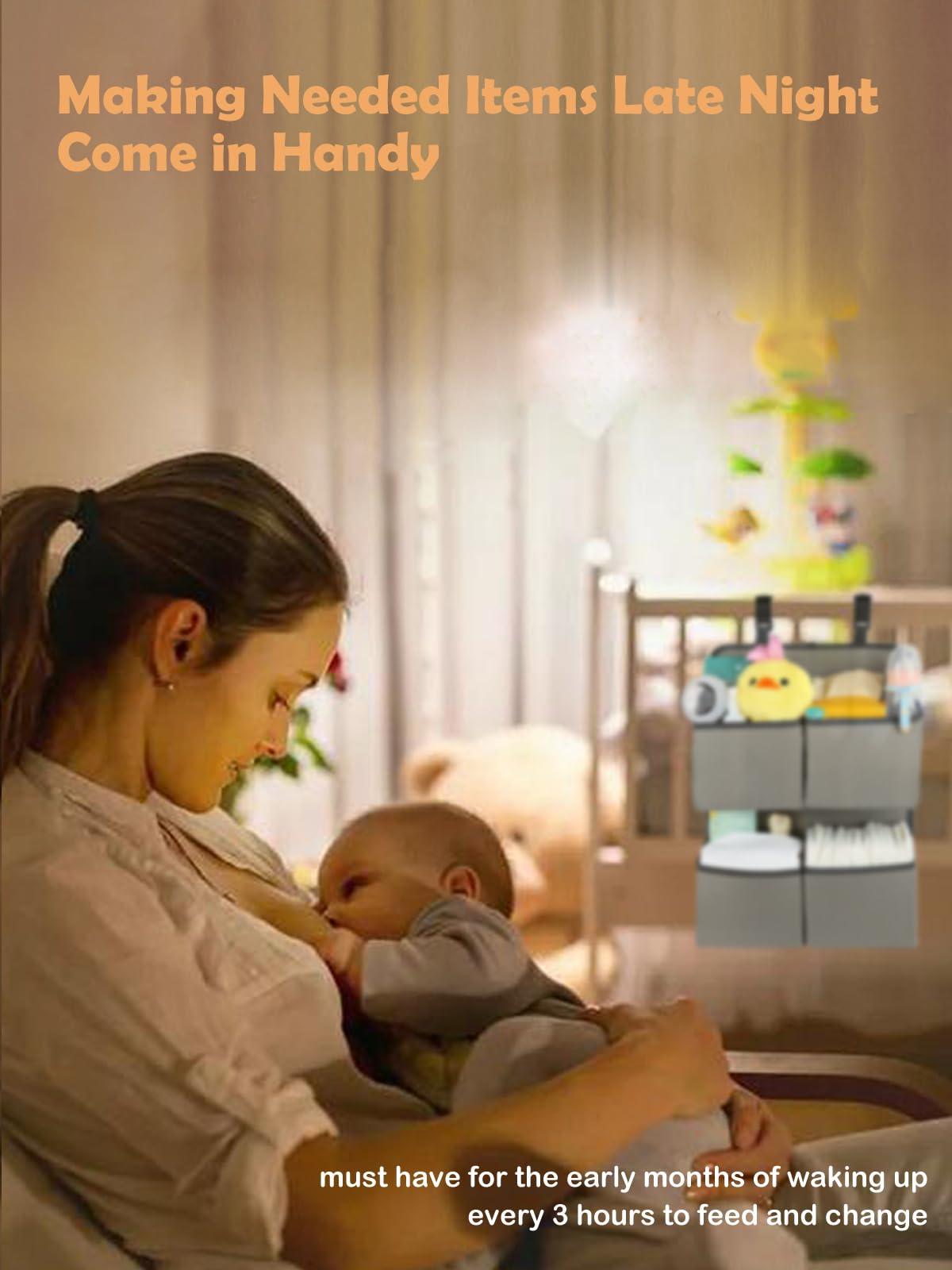 KIKJOK KIKJOK Hanging Diaper Organizer for Crib/Playpen/Bassinet Hold 80+ Diapers - 4 Deep Pockets-H19in x L15 in Changing Table Diaper Holder - Hanging Diaper Stacker Nursery Caddy Organizer - Grey