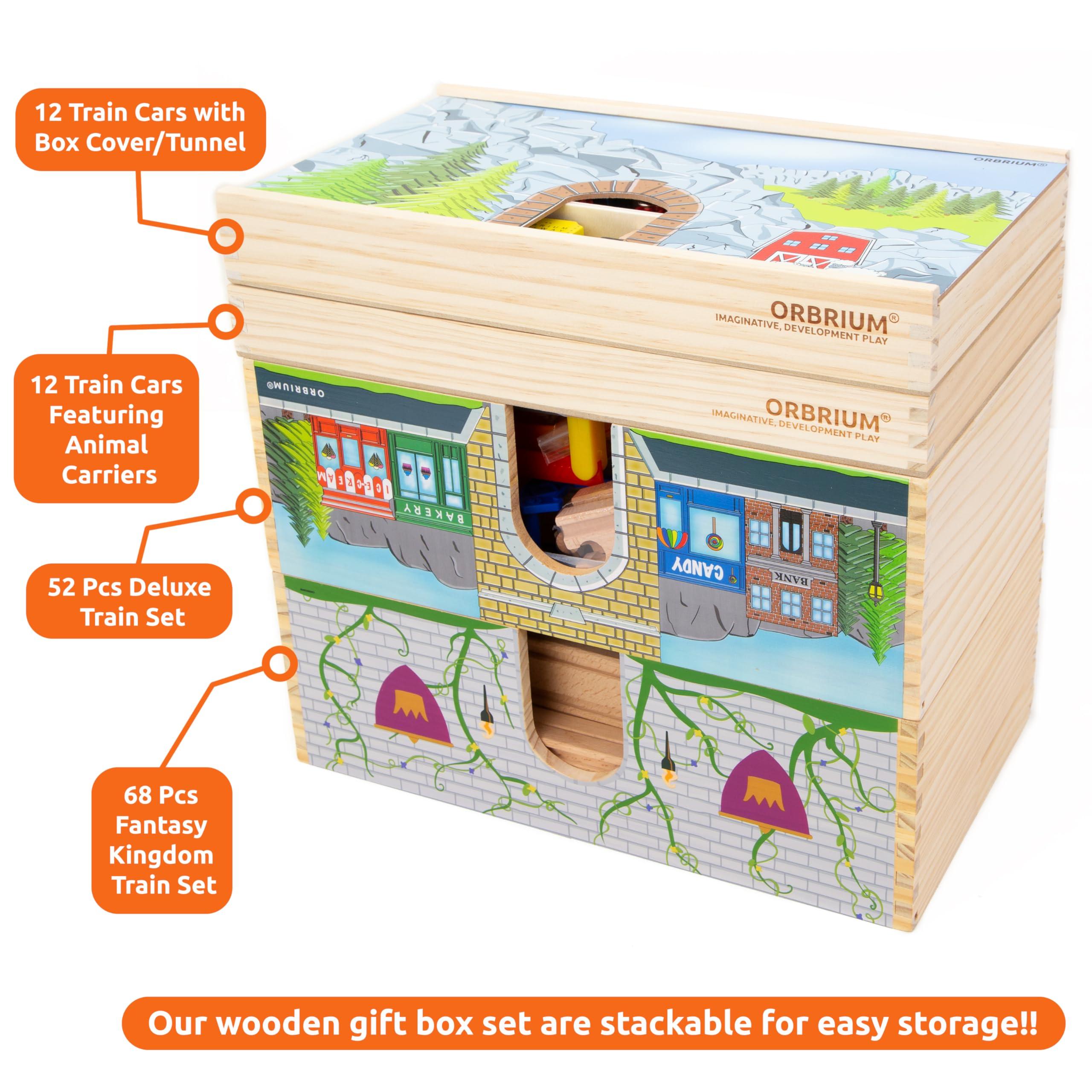 Orbrium ORBRIUM 52 Pcs Deluxe Wooden Train Set with Wooden Storage Box Tunnel Compatible with Thomas, Brio, Melissa (Wooden Box - 52 Pcs Train Set)