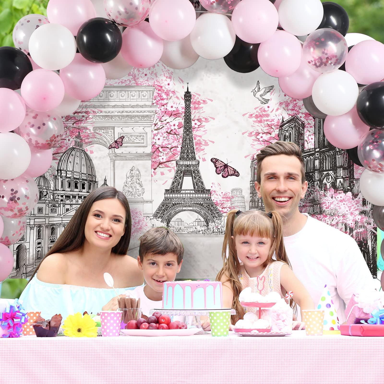 Sumind 76 Pcs Paris Party Supplies Set Pink Paris Theme Party Decoration Eiffel Tower Party Backdrop White Pink Black Balloon Arch Garland Kit for Kid Boy Girl Birthday Decoration