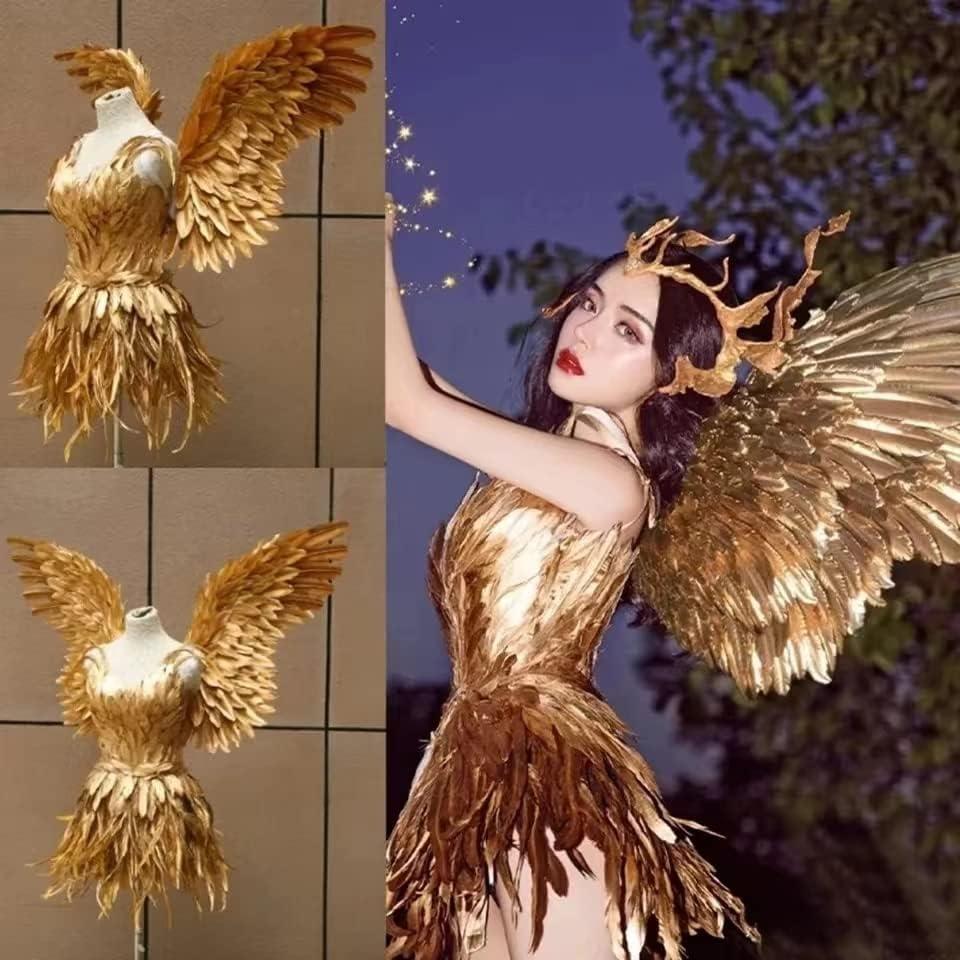 HoHoHuo HoHoHuo Gorgeous Gold Feather Fairy Wings Costume For a Luxurious Show Outfit at Carnivals and Festivals
