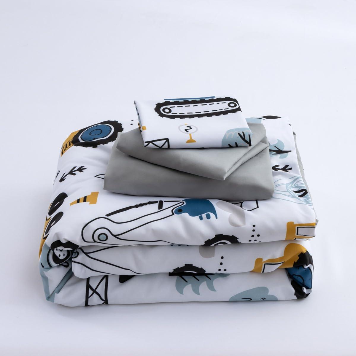 NTBED NTBED 4 Pieces Construction Toddler Bedding Set for Baby Boys,Tree Truck Vehicles Excavator Cars Printed, Includes Comforter, Flat Sheet, Fitted Sheet and Pillowcase,Light Grey