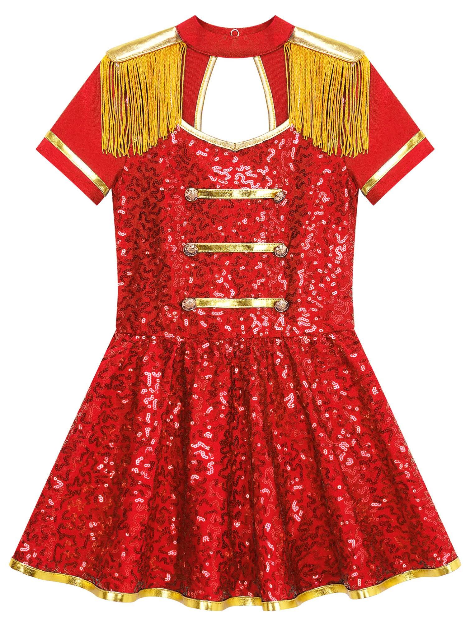 Jugaoge Jugaoge Girls Majorette Costume Shiny Sequin Marching Band Uniform Carnival Party Performance Leotard Dress Red 12 Years