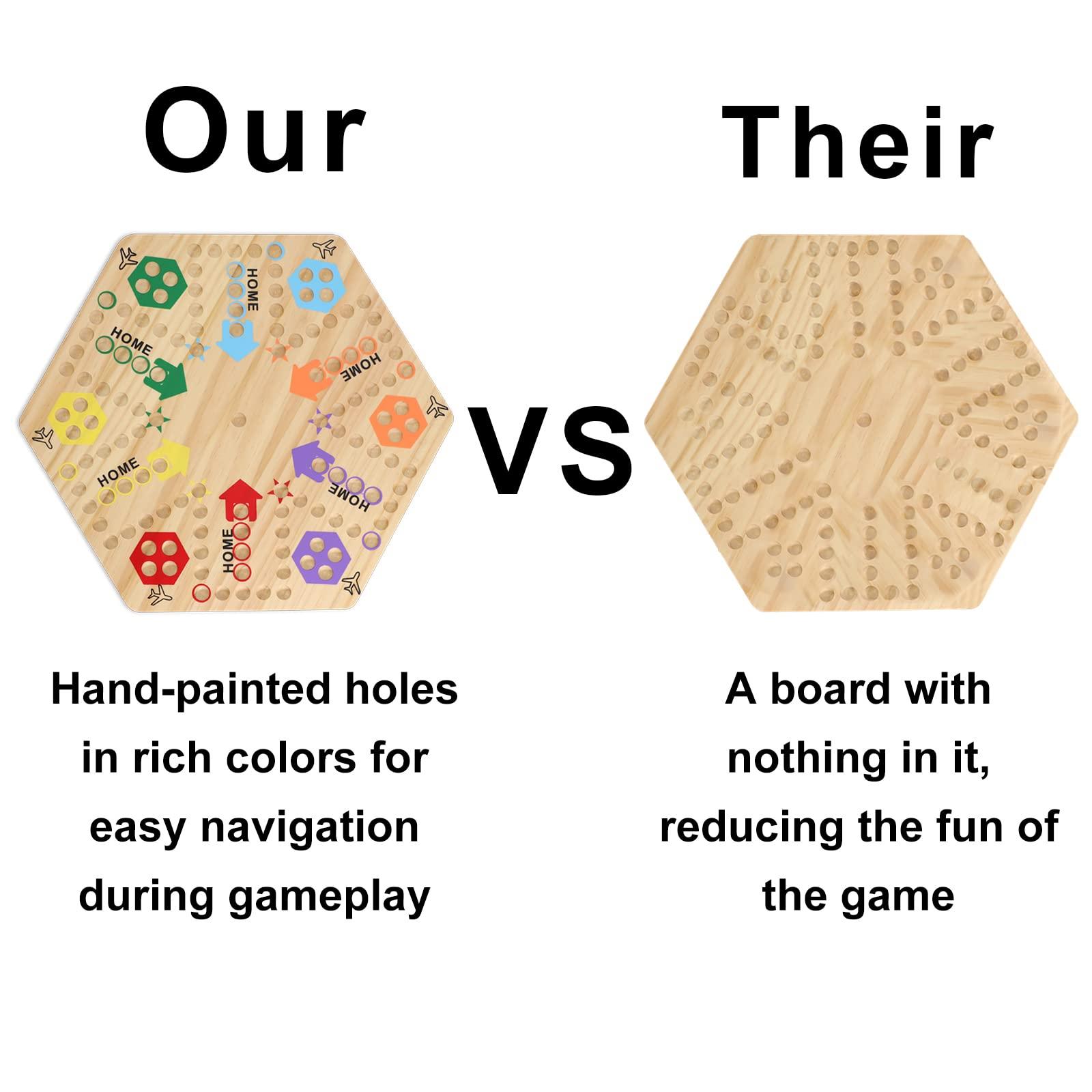 Medikaison Medikaison Large Size Original Marble Game Solid Wood 20 inch Wahoo Board Game Double Sided Painted Wooden Fast Track for 6 and 4 Players 6 Colors 24 Marbles 6 Dice for Family Friend