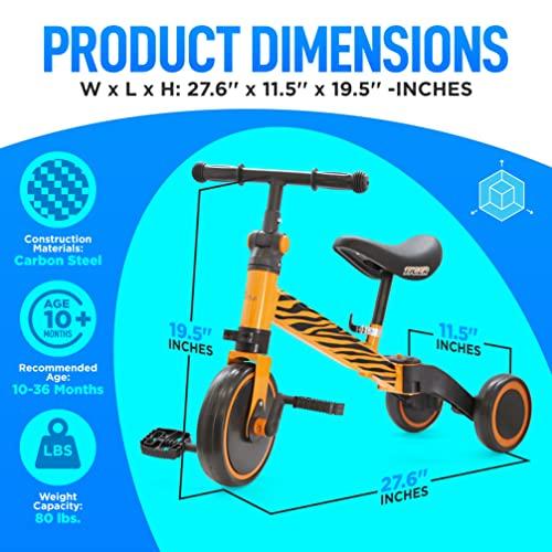 Hurtle 3 in 1 Kids Tricycles - Balance Training Bike Convertible Toddler Walker Riding Toys for 10 Month to 3 Year Old Boys Girls w/Removable Pedals, Carbon Steel Frame, Adjustable Seat Height (Tiger)