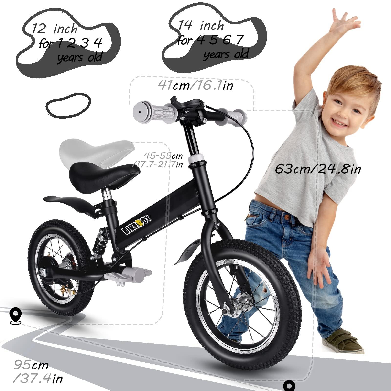 BIKEBOY bikeboy Balance Bike 14 Inches, Dual Use Kids Bike for 2-6 Years Old, Shock Absorbers, Fenders, Pedals, Auxiliary Wheels, Black
