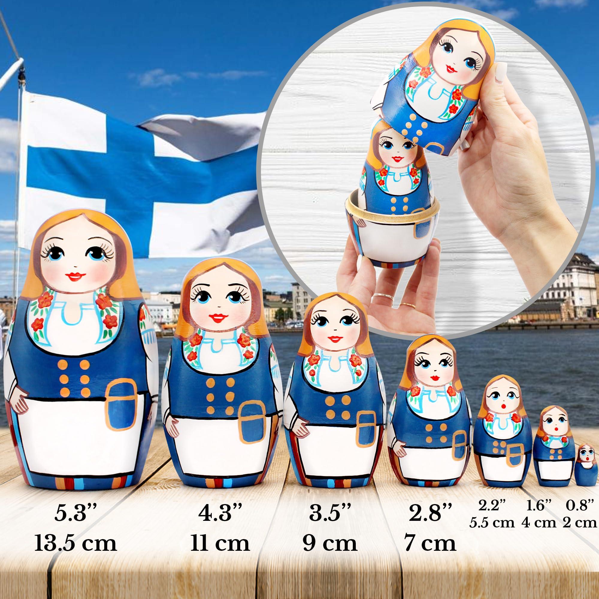 AEVVV AEVVV Russian Matryoshka Dolls Set of 7 pcs - Nesting Dolls in Finnish Folk Costume Munsala - Hand Painted Baboushka Nesting Dolls in Scandinavian Dress