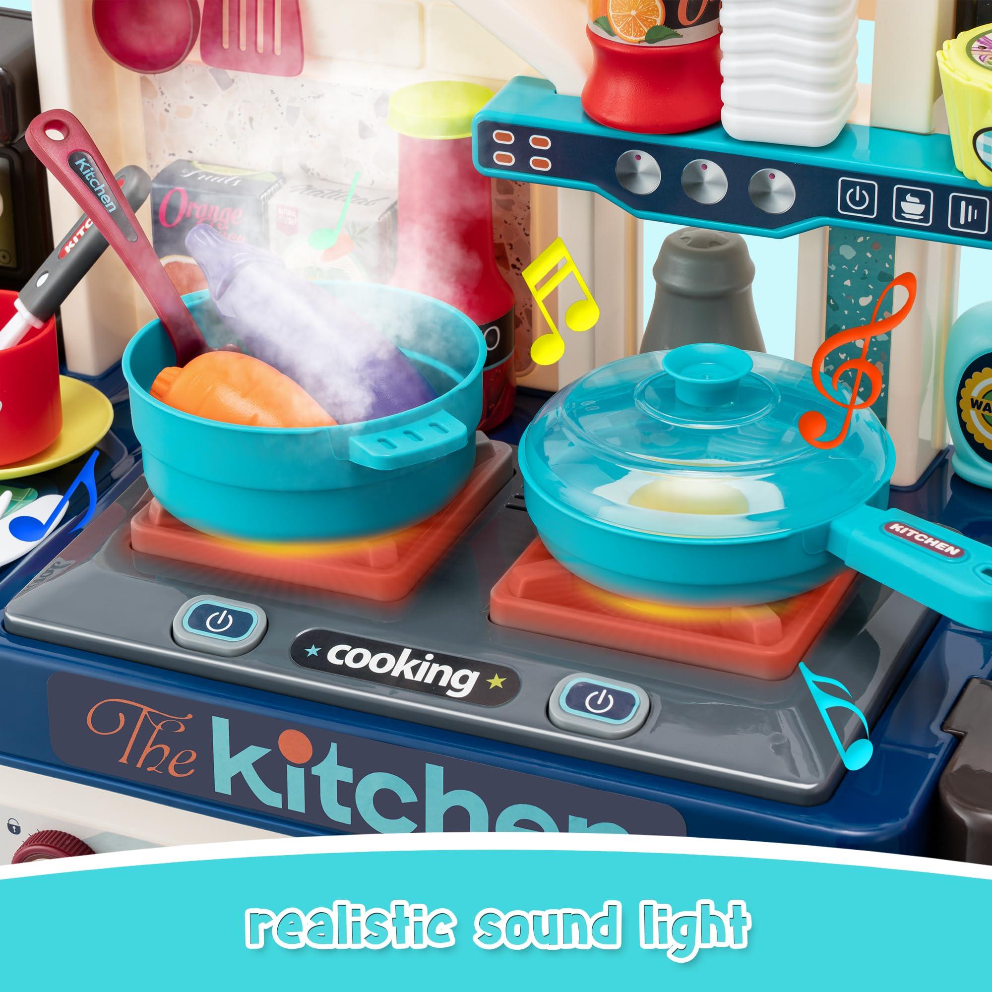 zaddgiuuy Kids Kitchen Playset-53pcs Cooking Stove,Paly Sink,Oven,Kitchen Toys with Realistic Lights&SoundsPretend Play Toys,Kitchen Toys for Toddler 1 2 3(Blue)