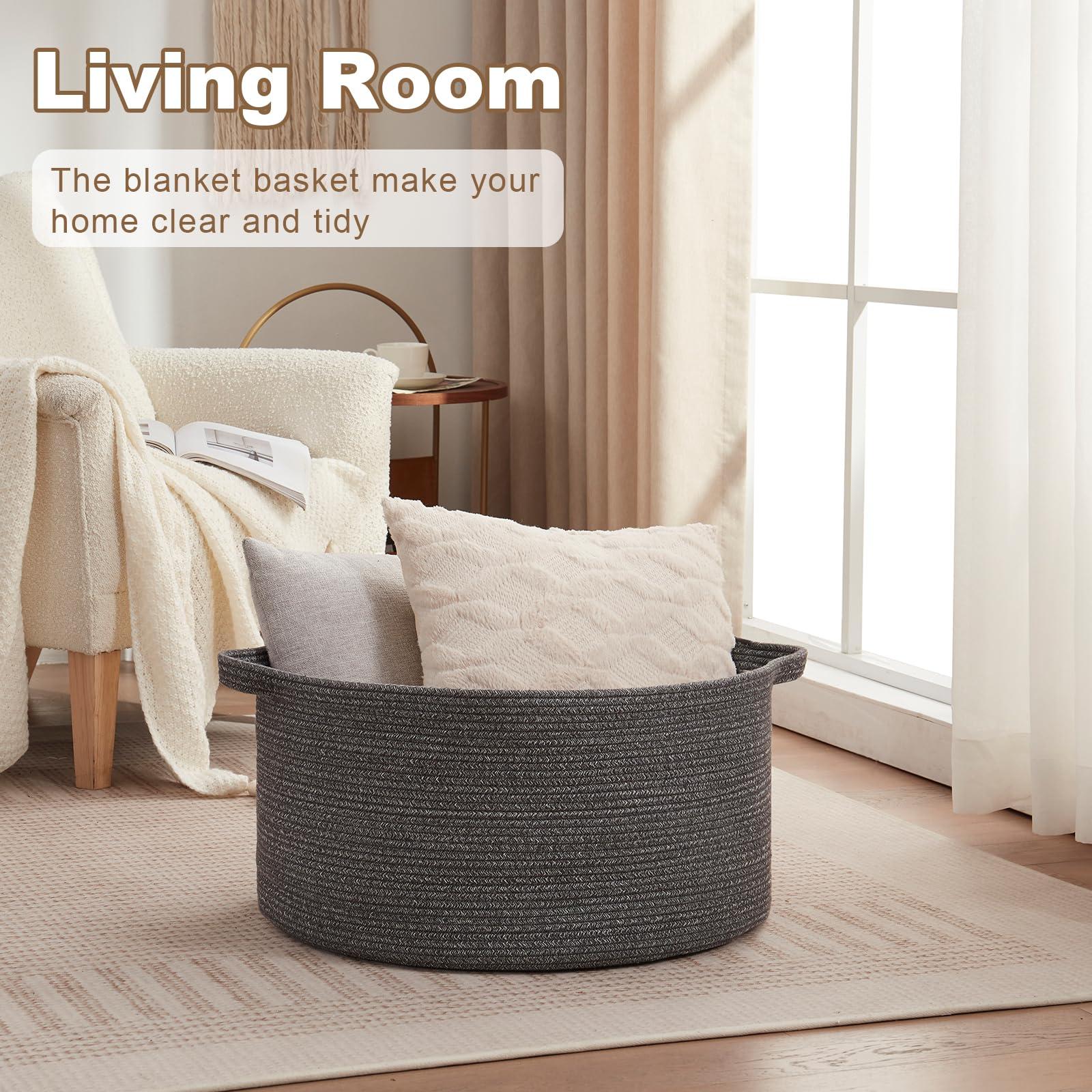 OIASKET OIASKET Large Woven Baskets for Storage, 22.8" x 22.8" x 13" Blanket Basket Living Room, Baby Toy Storage Basket, Big Laundry Basket for Clothes, Pillows, Towels, Shoe Basket for Entryway (Dark Grey)