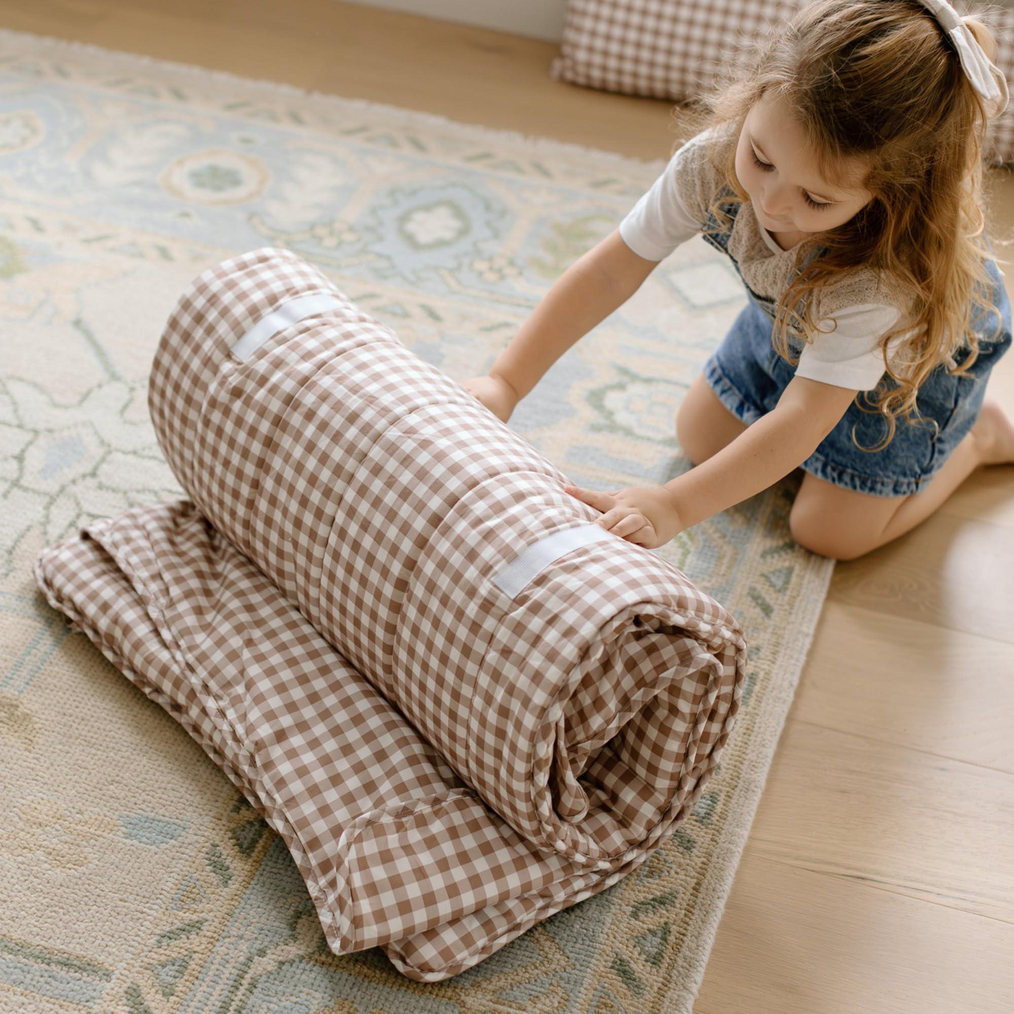 bloomere Organic Toddler Nap Mat - 100% Cotton Fabric Sleeping Mat - Sleeping Bag for Kids - Removable Pillow and Blanket 1.5 Thick Pad - Ideal for Home, Daycare, Preschool & Sleepovers. (Brown Gingham)