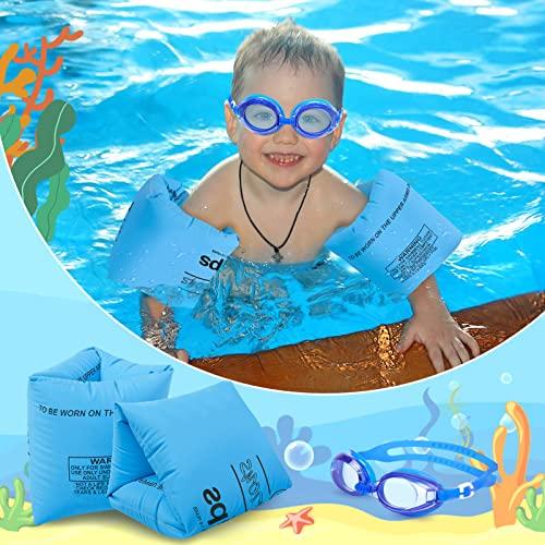 Korlon Tec Arm Floaties for Kids 6-12yrs, PVC Arm Floaties Inflatable Swim Arm Bands Floater Sleeves Swimming Rings and Swimming Goggles Kids Floaties for Pool 6 Pack (Blue)