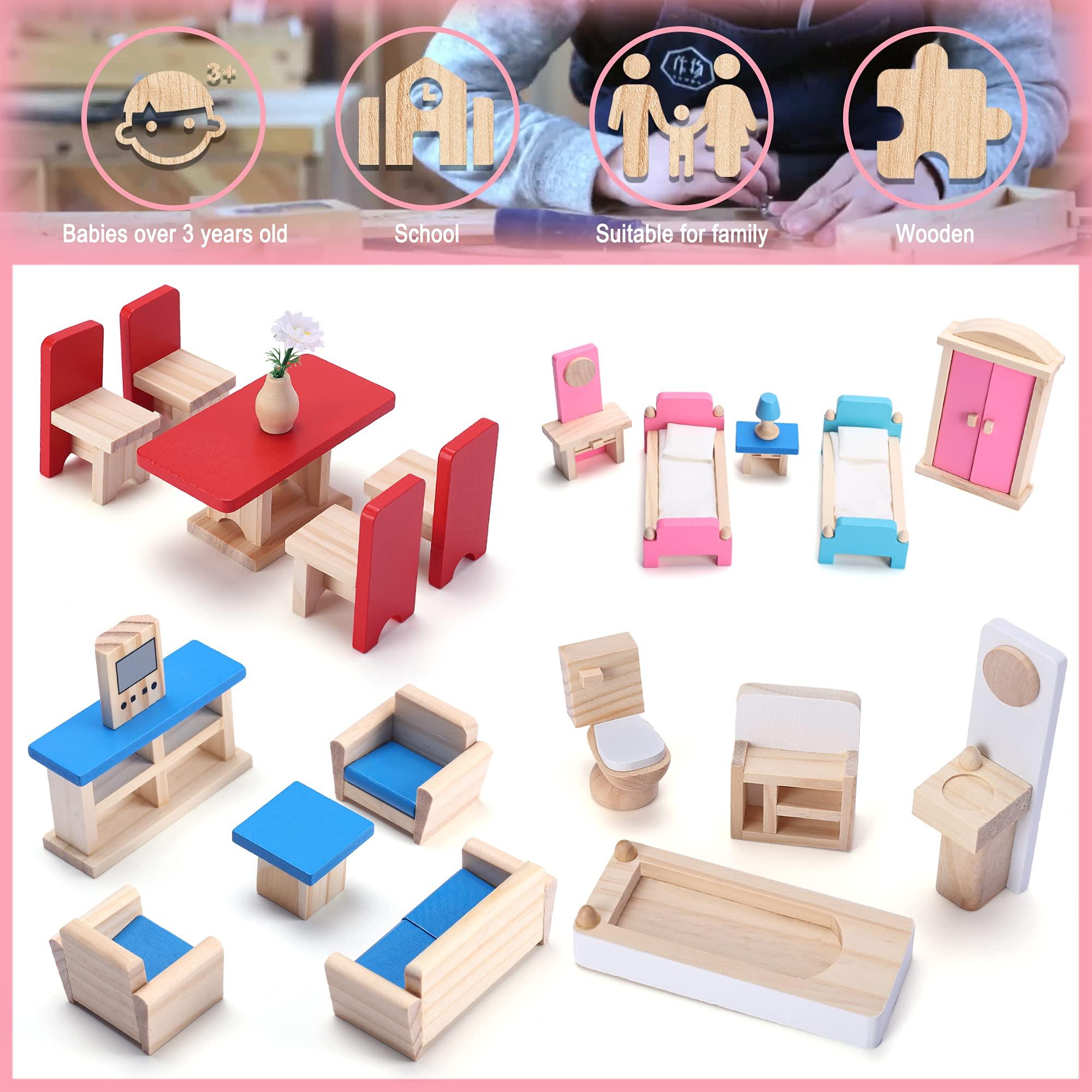 Giragaer Giragaer Wooden Dollhouse Furniture 5 Set, Wood Doll House Miniature Bathroom/ Living Room/ Dining Room/ Bedroom/ Kitchen House Furniture Doll Decoration Accessories Pretend Play Kids Toy Colorful…