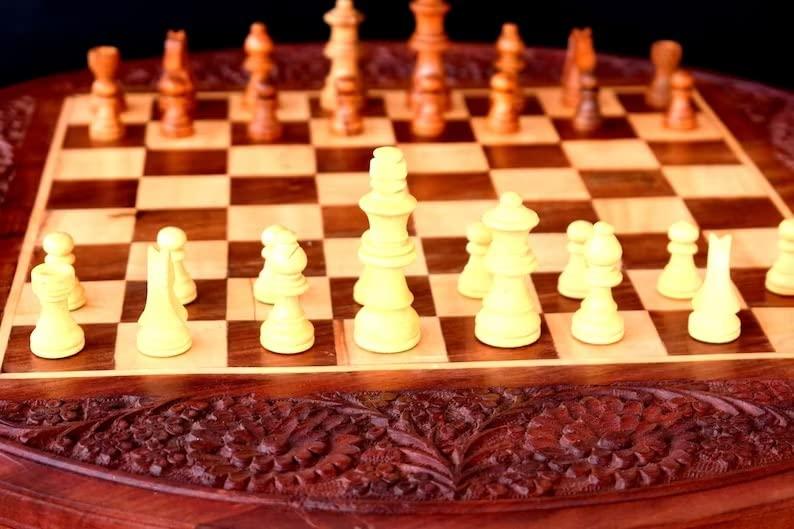 Generic Round Chess Table Wooden Inlay|Roman Wooden Chess Pieces|Chess Board Game Table with Drawer|Chess Table Furniture,Luxury Vintage Style|