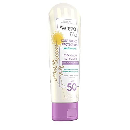 Aveeno Baby Aveeno Baby Continuous Protection Zinc Oxide Mineral Sunscreen Lotion for Sensitive Skin with Broad Spectrum SPF 50, Tear-Free, Sweat- & Water-Resistant, Travel-Size, 3 fl. Oz (Pack of 2)